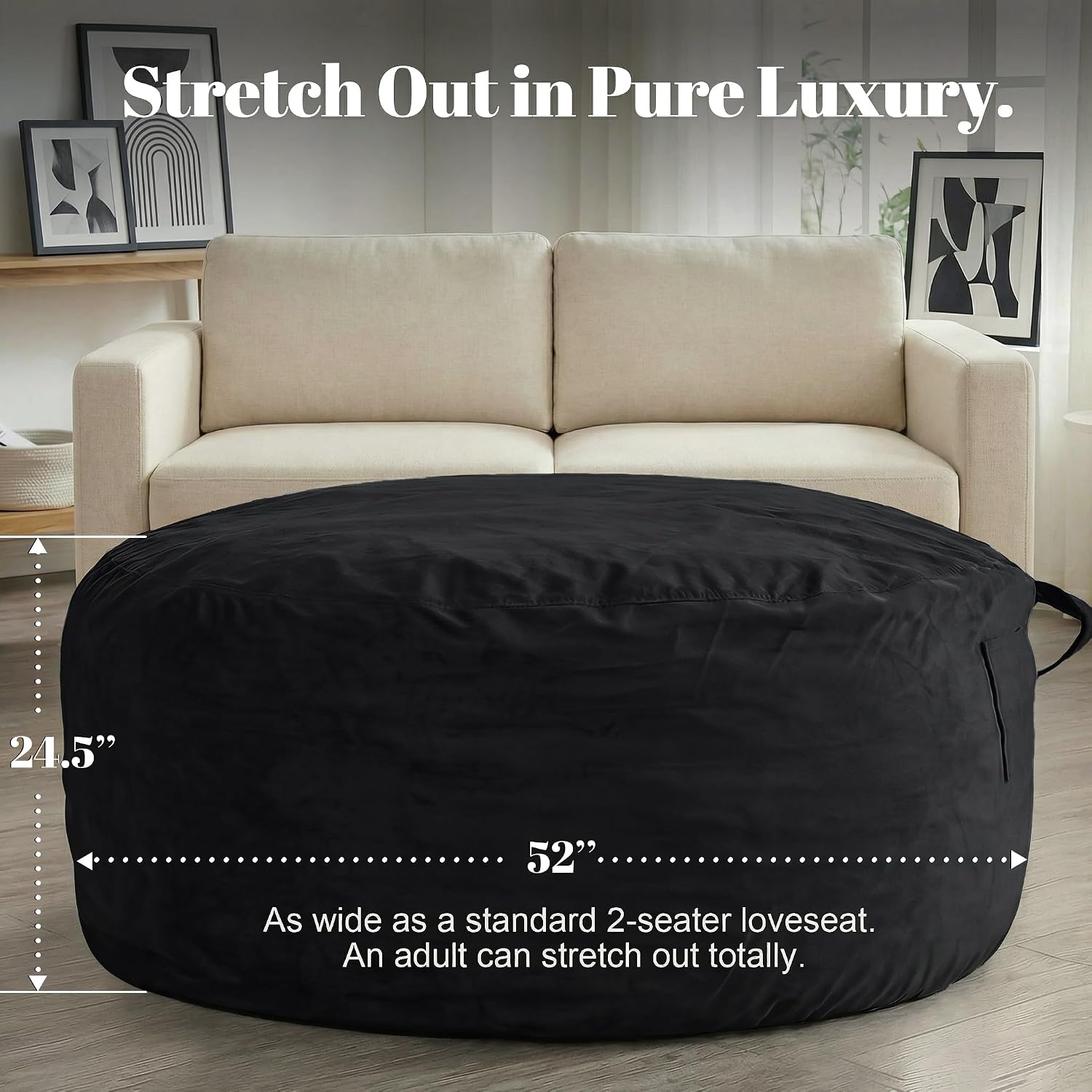 Codi Oversized Bean Bag Chair with Filler Included, 5 FT - Comfy Huge Beanbag Chairs for Adults, Memory Foam Added - Machine Washable and Soft Mink Bonded Cover - Black, 5ft