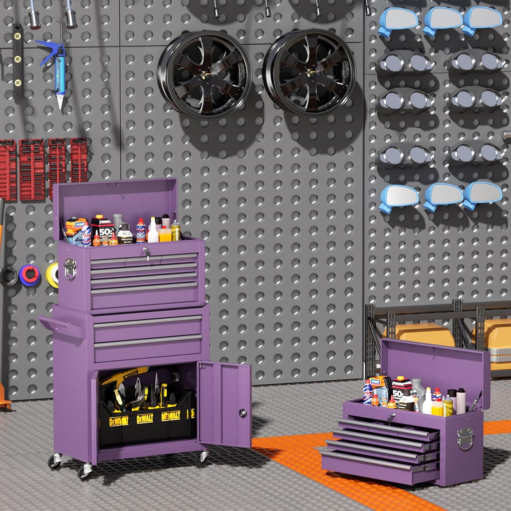 INTERGREAT 8 Drawers Tool Chest, 42'' Large Rolling Tool Chest with Drawers, Detachable Top Tool Box, Tool Cabinet for Repair Room,Warehouse, Rolling Tool Box with Hooks,Tray Divider,Liners(Purple)
