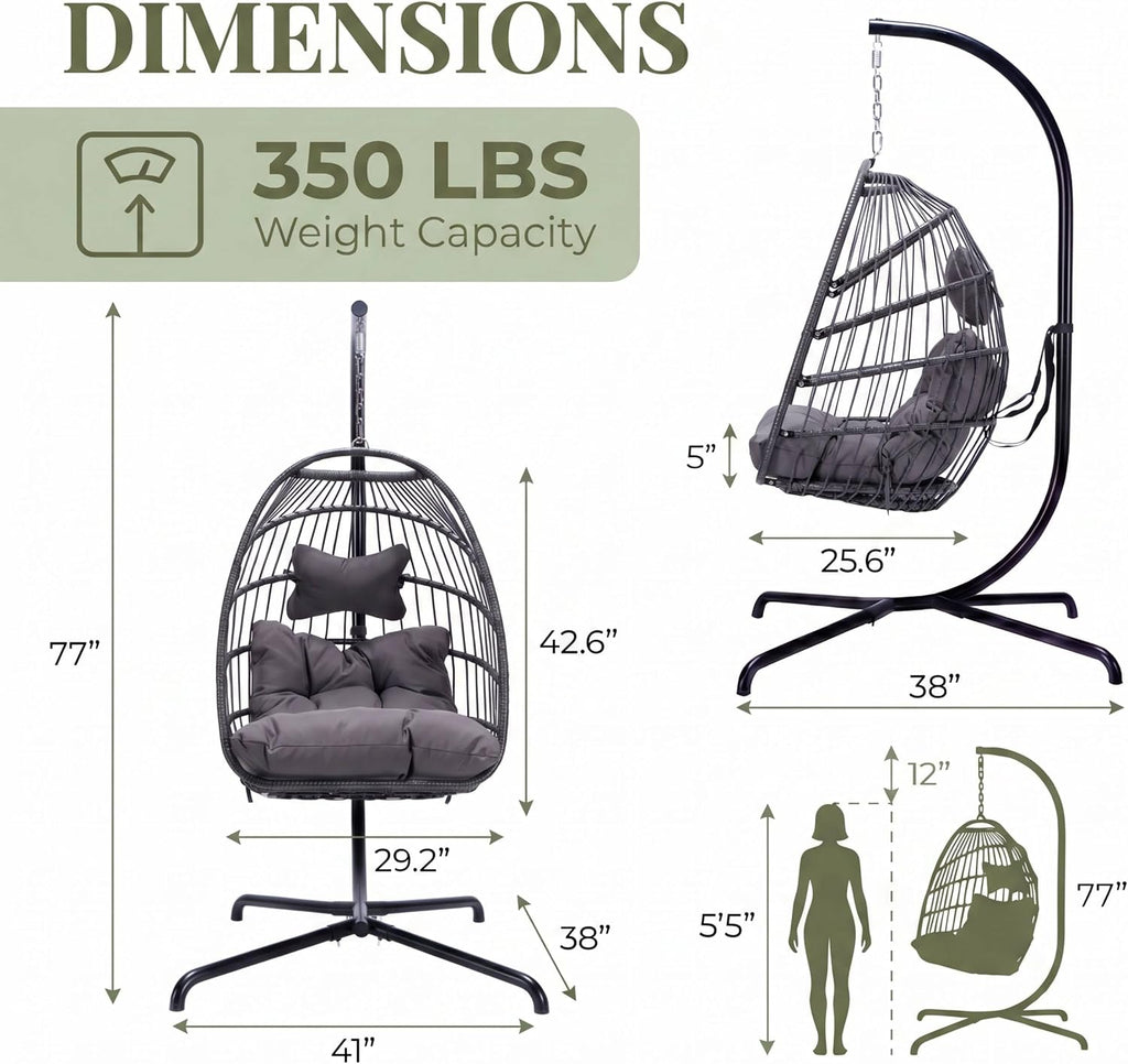 RADIATA Heavy Duty Egg Chair Swing with Stand, 350Lbs Rattan Hanging Chairs with Base and Cozy Cushion, Single Eggshell Hammock Seat for Outside Patio Porch Backyard Balcony Apartment, Dark Grey