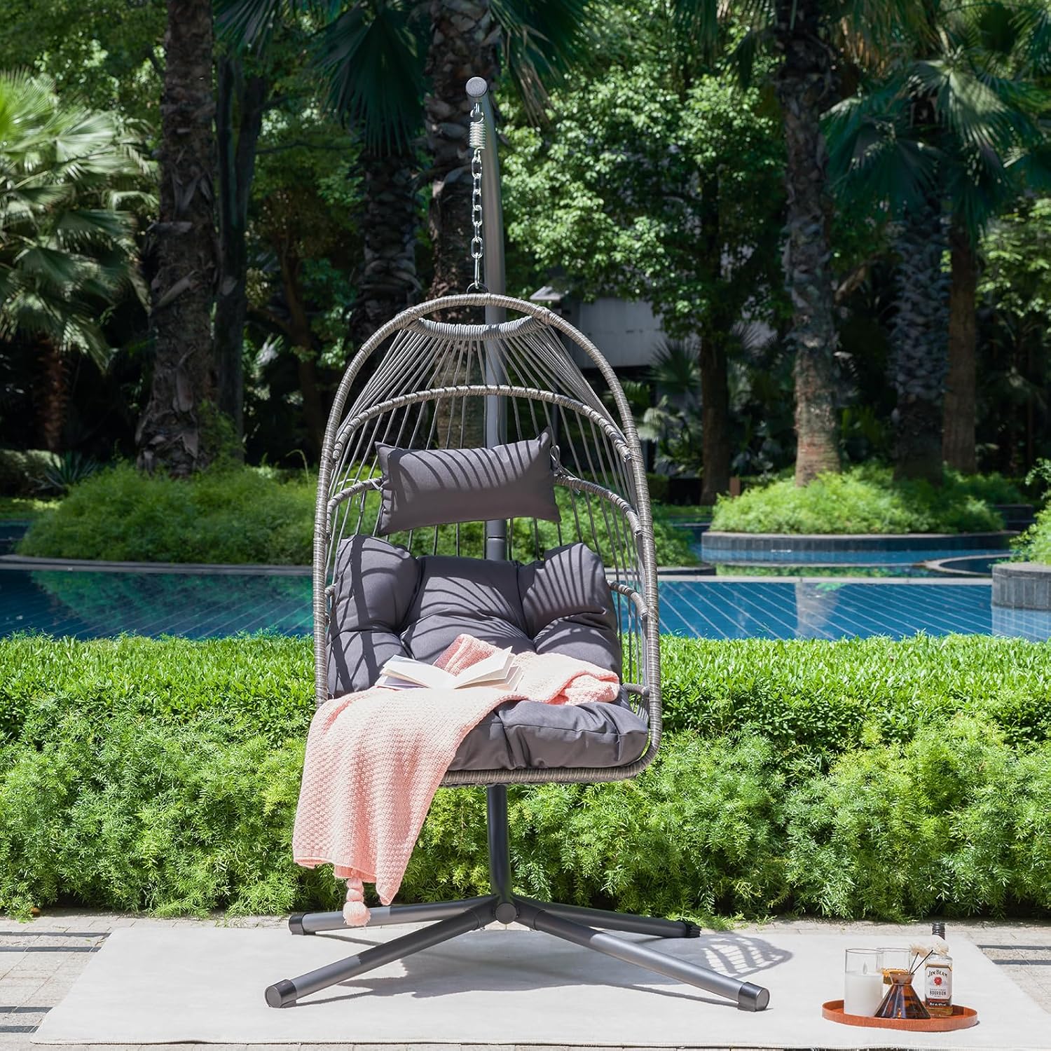 Wicker Egg Chair with Stand, Indoor Outdoor Hammock Chair for Bedroom, Living Room, Balcony, Includes Cushion & Durable Steel Frame,350LBS Capacity (Black)