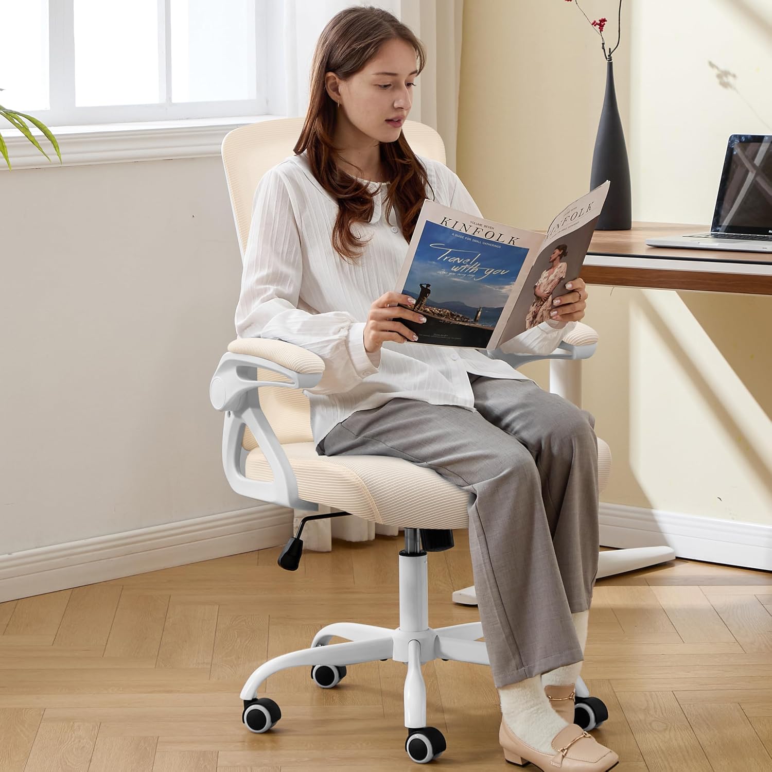 Ergonomic Office Chair, Desk Chair with Adjustable Lumbar Support, Breathable Mesh Comfy Computer Chairs with Flip-up Armrests Executive Task Chair for Adults Home Office (Buff Beige)