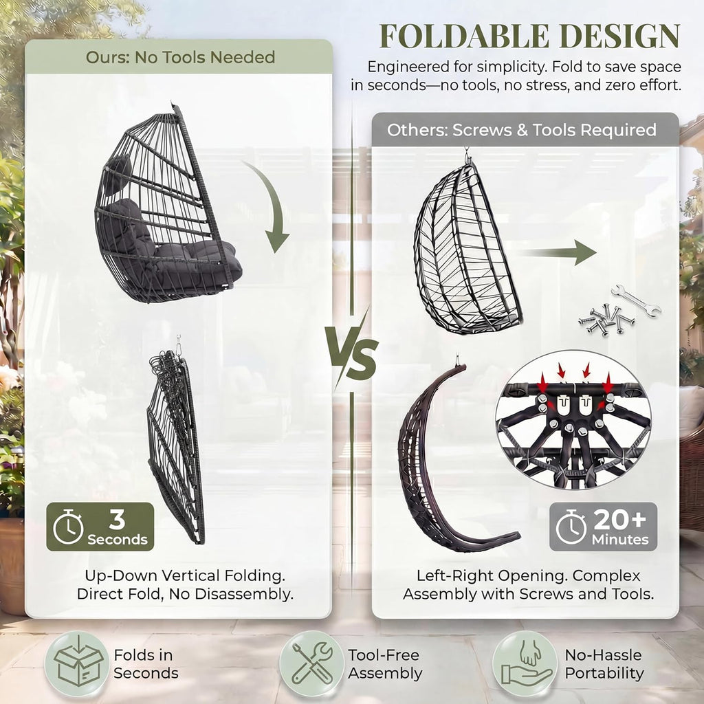 RADIATA Heavy Duty Egg Chair Swing with Stand, 350Lbs Rattan Hanging Chairs with Base and Cozy Cushion, Single Eggshell Hammock Seat for Outside Patio Porch Backyard Balcony Apartment, Dark Grey