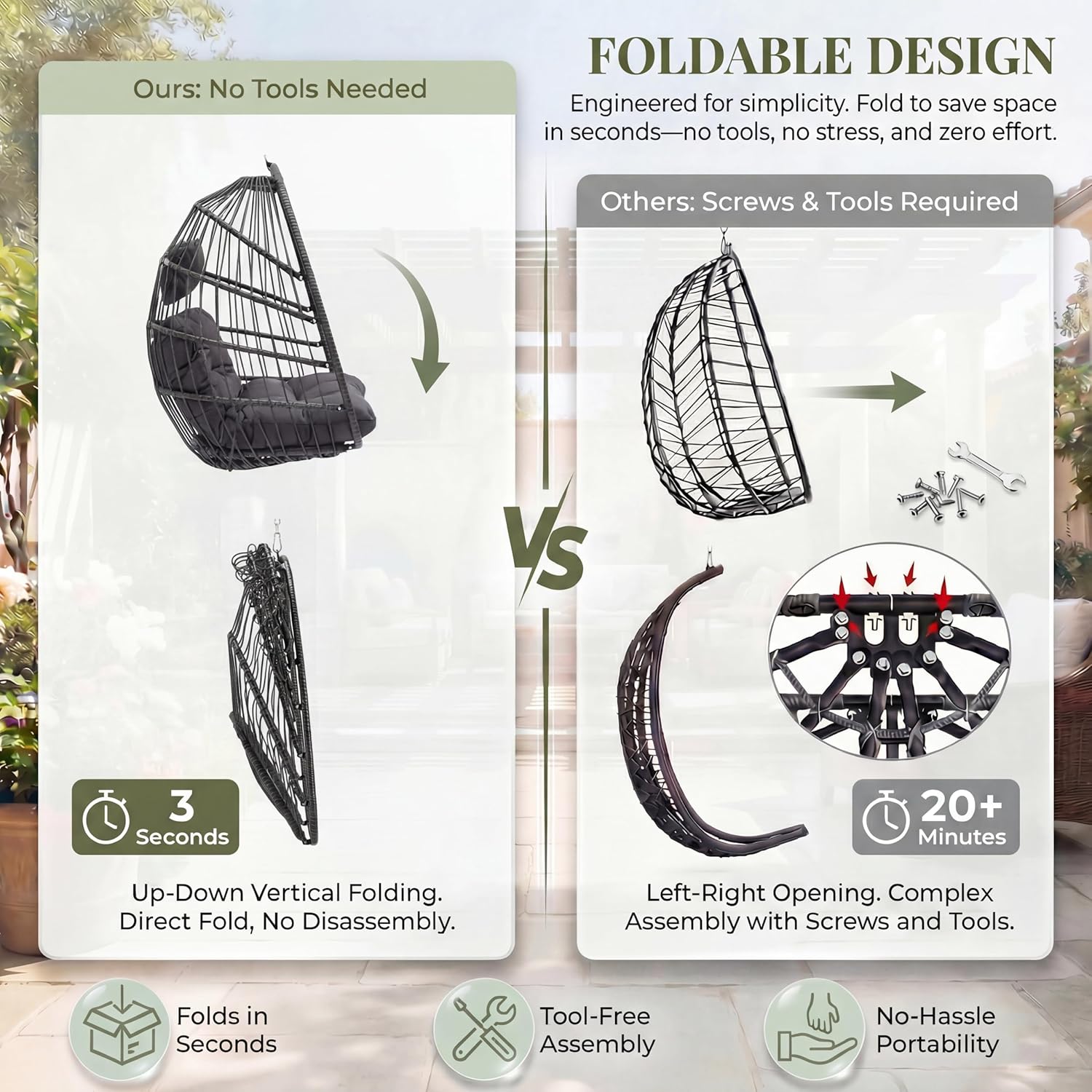 RADIATA Heavy Duty Egg Chair Swing with Stand, 350Lbs Rattan Hanging Chairs with Base and Cozy Cushion, Single Eggshell Hammock Seat for Outside Patio Porch Backyard Balcony Apartment, Dark Grey