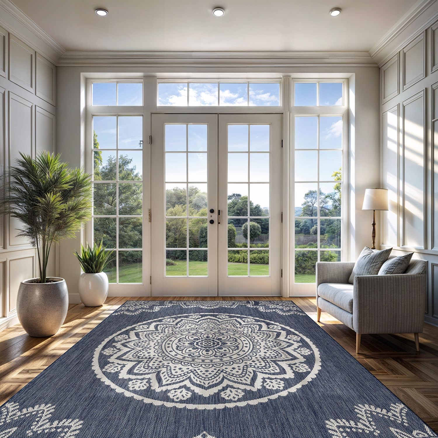 CAMILSON Outdoor Rug 8x10 Modern Area Rugs for Indoor and Outdoor Patios and Porches - Waterproof, Washable, Non-Shedding, Easy-to-Clean Outside Carpet (8 x 10, Medallion - Blue/White)