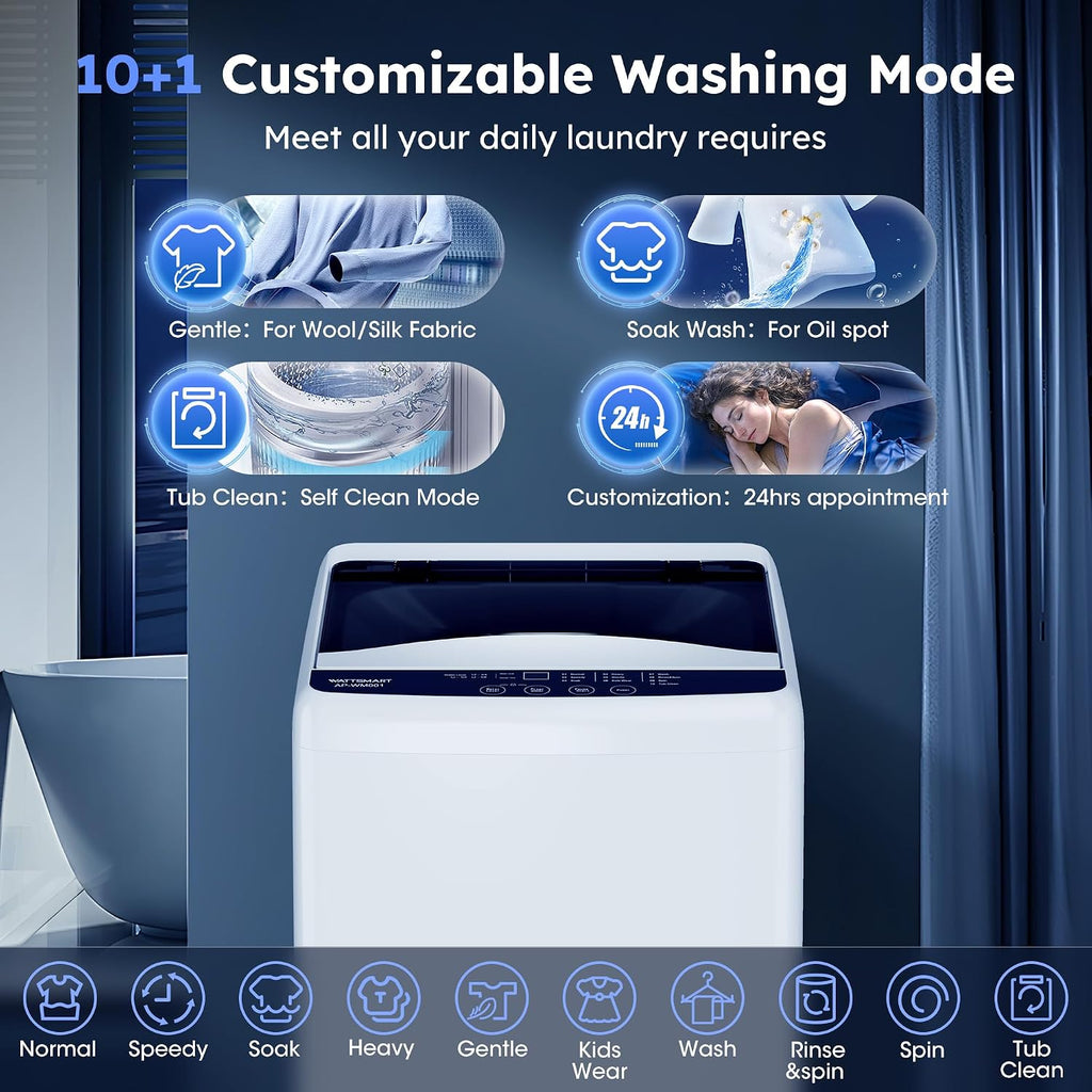 1.0 Cu.ft Portable Washing Machine for Home & Apartment, Full-Automatic Clothes Washer with 6 Water Level & 10 Wash Cycles, Drain Hose Included, White