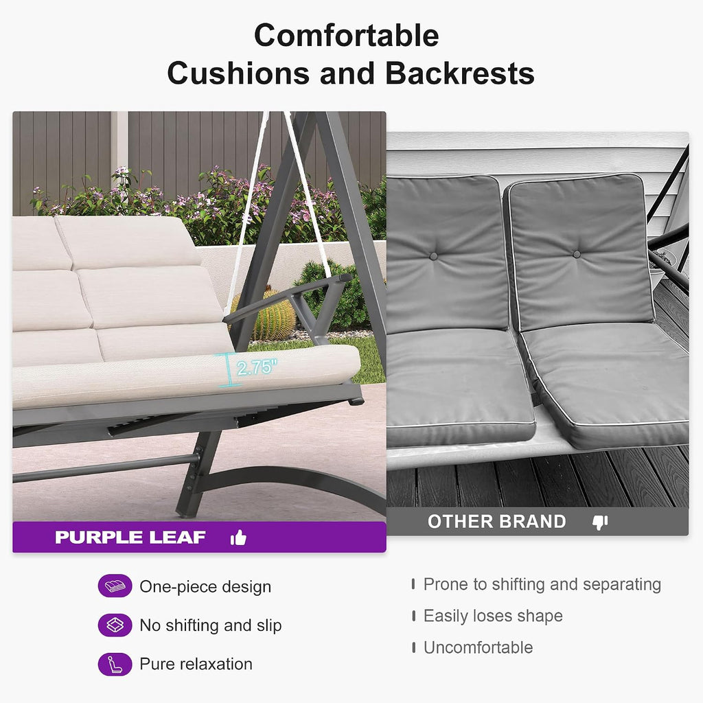 PURPLE LEAF Porch Swing 3 Person Patio Swing Chair with PVC Canopy Outdoor Deluxe Modern Yard Hammock Swinging Chairs w/Solar LED Light and Cushions for Backyard Glider Outside Loveseat Bench