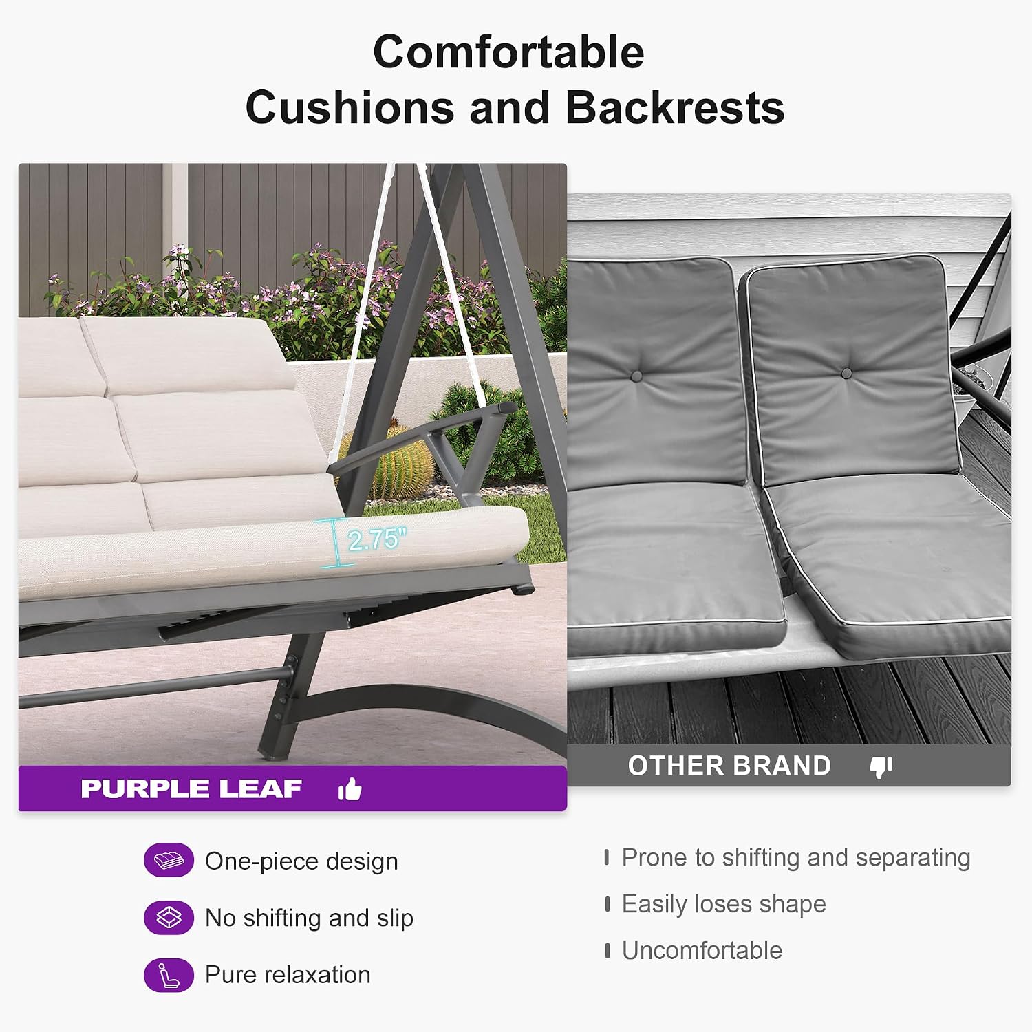 PURPLE LEAF Porch Swing 3 Person Patio Swing Chair with PVC Canopy Outdoor Deluxe Modern Yard Hammock Swinging Chairs w/Solar LED Light and Cushions for Backyard Glider Outside Loveseat Bench
