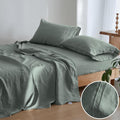 Simple&Opulence 100% Linen Sheet Set 4 Pieces Natural France Flax Bed Sheet (1 Flat Sheet, 1 Fitted Sheet, 2 Pillowcases) Breathable Luxury Hotel Bedding - Embroidery Cushing Green, King Size