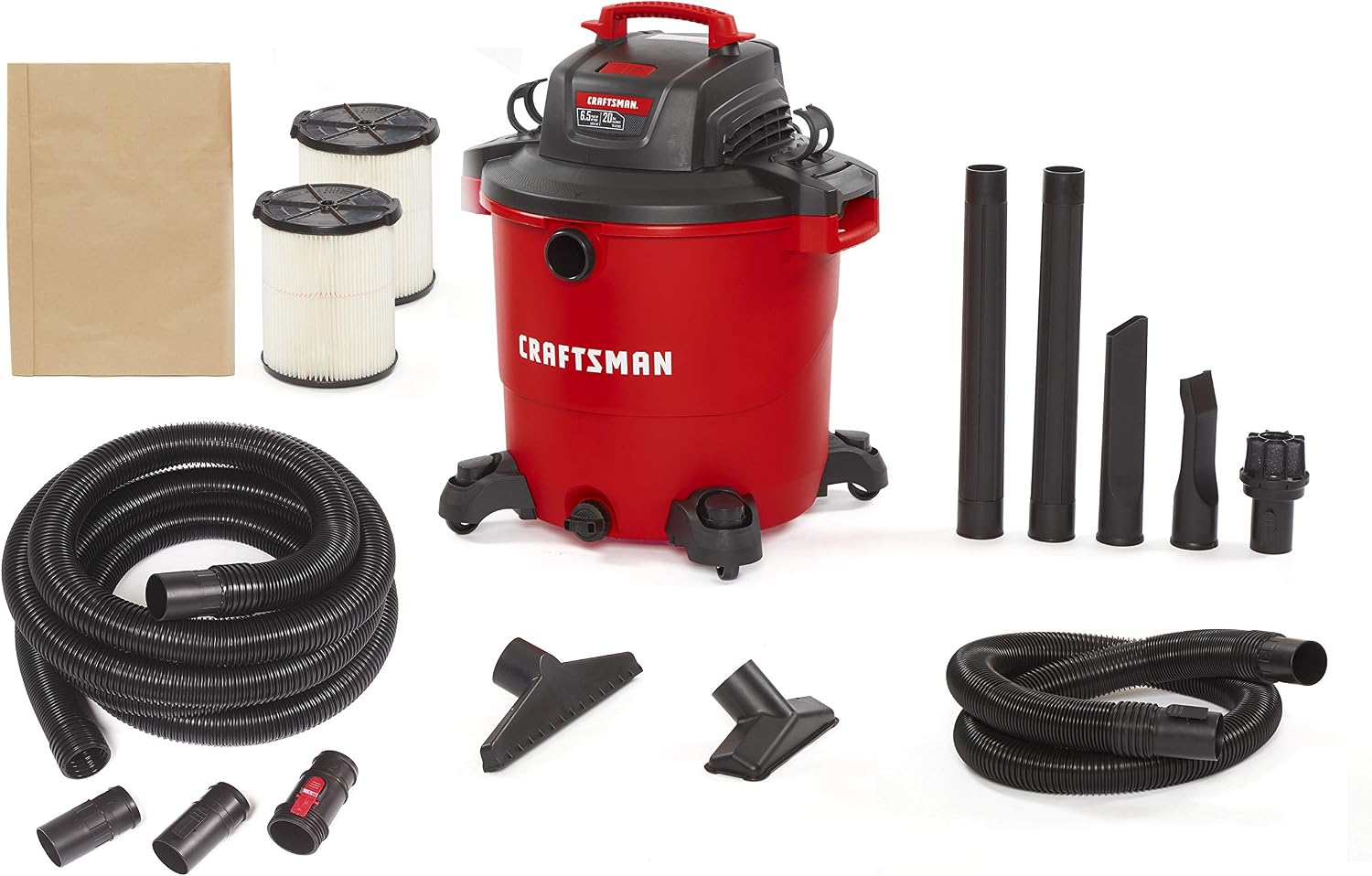 CRAFTSMAN CMXEVBE17596 20 Gallon 6.5 Peak HP Wet Dry Vac, Heavy-Duty Shop Vacuum Wet and Dry with 2 Filters, Dust Bag, 20-ft Hose, 7-ft Hose and Attachments for Shop, Garage, Jobsite Cleaning