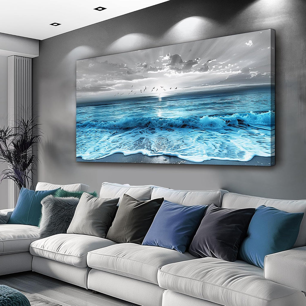 ERQINHUA Large Canvas Printed Artworks Mural Wall Decor For Living Room Wall Art For Bedroom Office Restaurant Decoration Blue Sea Wave Ocean Paintings Beach Wall Pictures Modern Home Decor 30'X60'