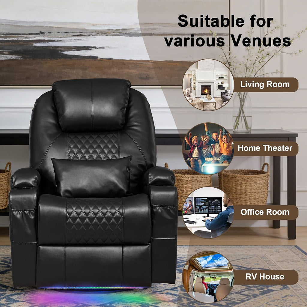 Dual Motor Power Swivel Rocker Recliner Chair for Adults with Heat and Massage,Electric Wall Hugger Glider Rocking Recliner for Nursery Living Room with LED Lights,USB A&C Ports(Black, Single)