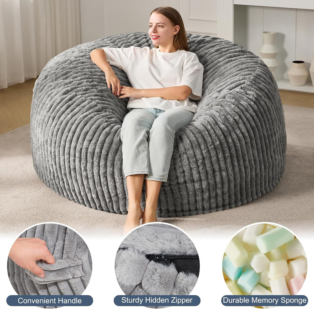 Hobestluk 5ft Bean Bag Chairs for Adults Large Beanbag Chair with Stripe Plush Cover Big Bean Bag Chair for Living Room Bedroom Dorm Office -Grey (50' x 50' x 24')