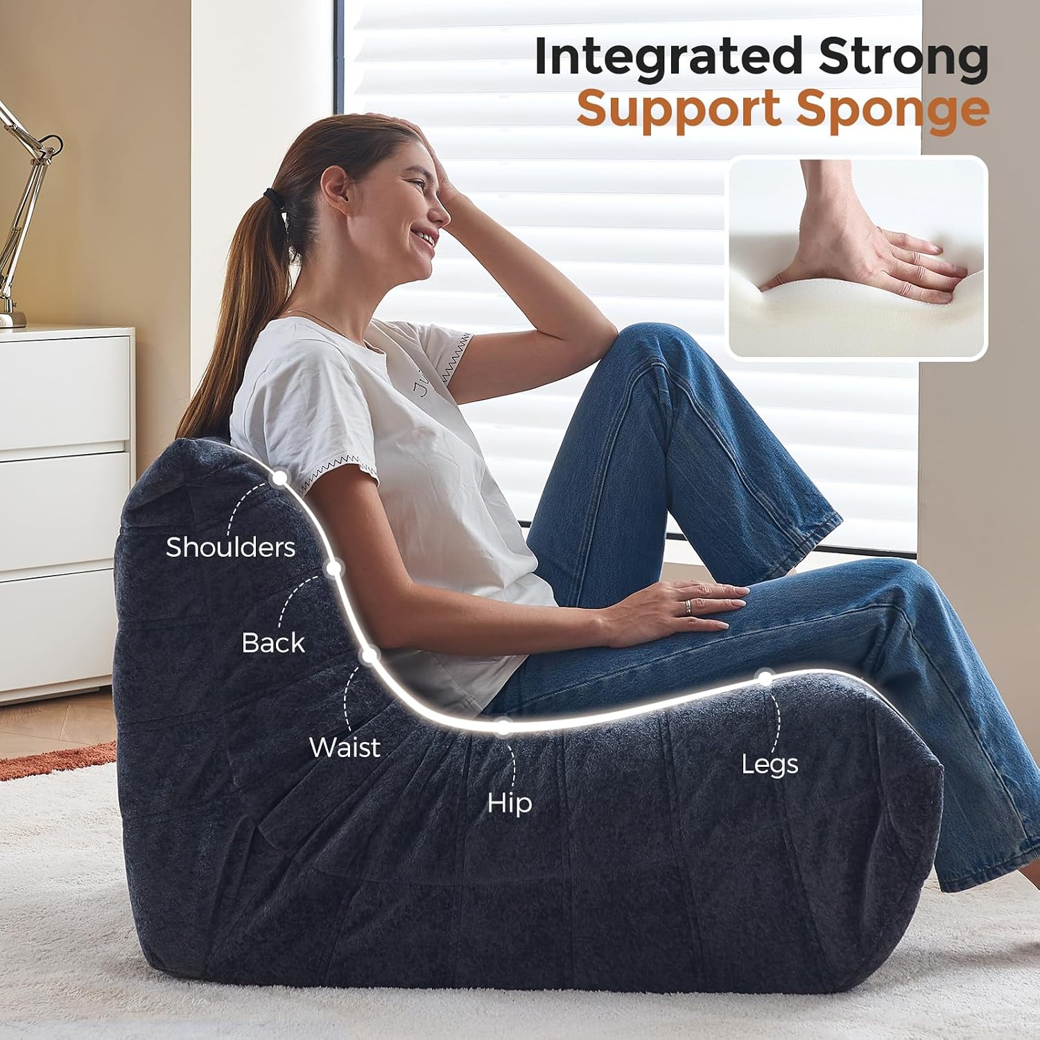 Bean Bag Chairs for Adults Teens Kids, Fireside Chair Bean Bag Lounger with Memory Foam Filled, Bean Bag Sofa for Living Room, Dorms, Apartments, Reading Corner(Blue Grey Plush)