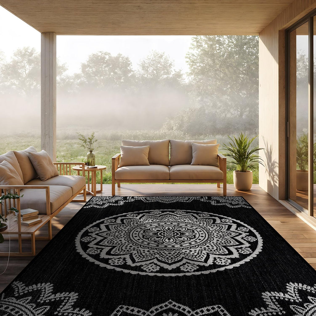 CAMILSON Outdoor Rug 8x10 Modern Area Rugs for Indoor and Outdoor Patios and Porches - Waterproof Washable Non-Shedding Easy-to-Clean Outside Carpet (8 x 10 Medallion - Black/White)