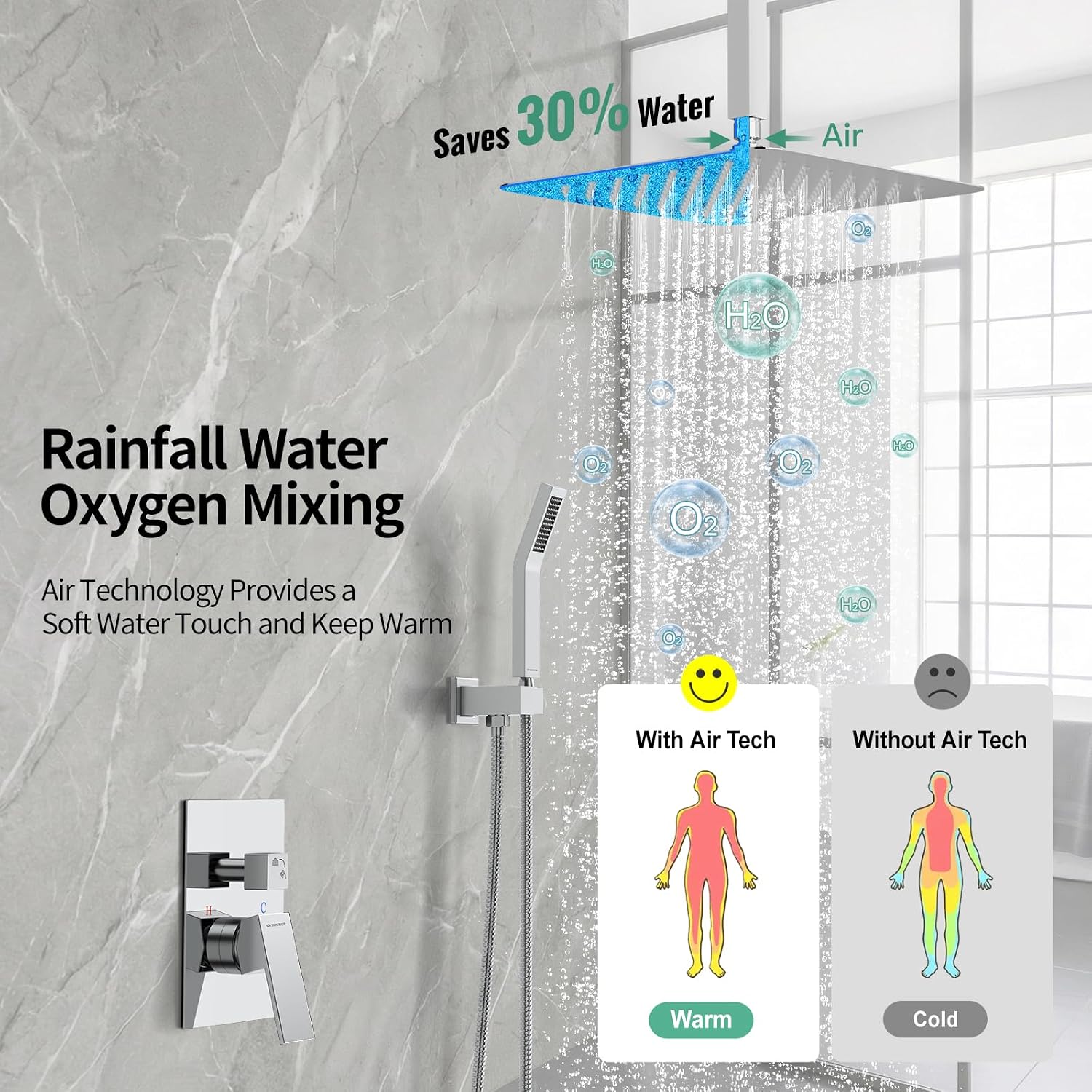 SR SUN RISE 12 Inch Ceiling Mounted Shower System Rain Mixer Combo Set Rainfall Shower Head System Faucet Trim Repair Kits Polished Chrome Rough-in Valve Body and Trim Included