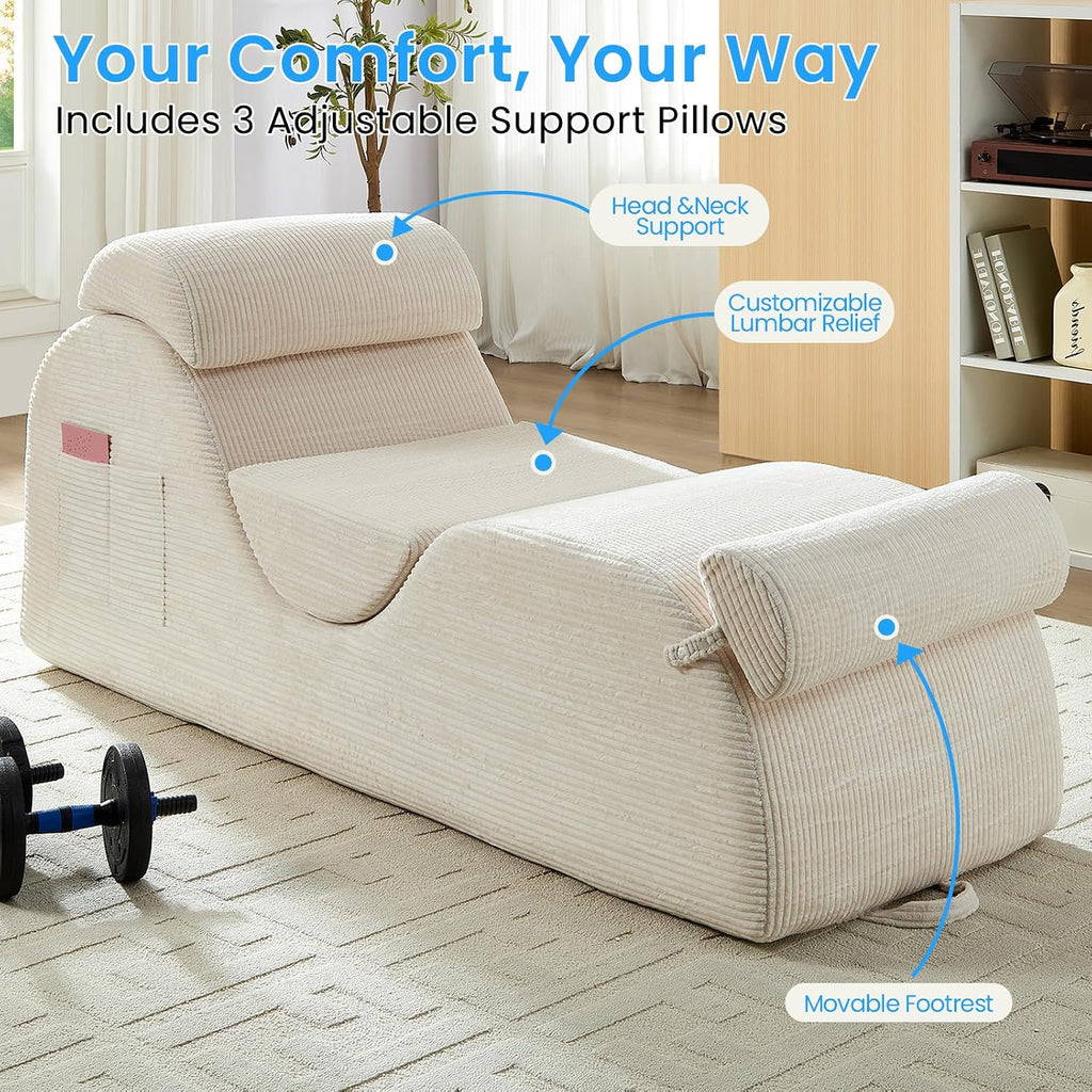 ijuicy 25' Wide Corduroy Yoga Chair, Ergonomic Stretch Chaise Lounge Chair Indoor, Reading Chair with Headrest, Waist Cushion, Movable Footrest, Side Pockets, High Density Sponge-Beige