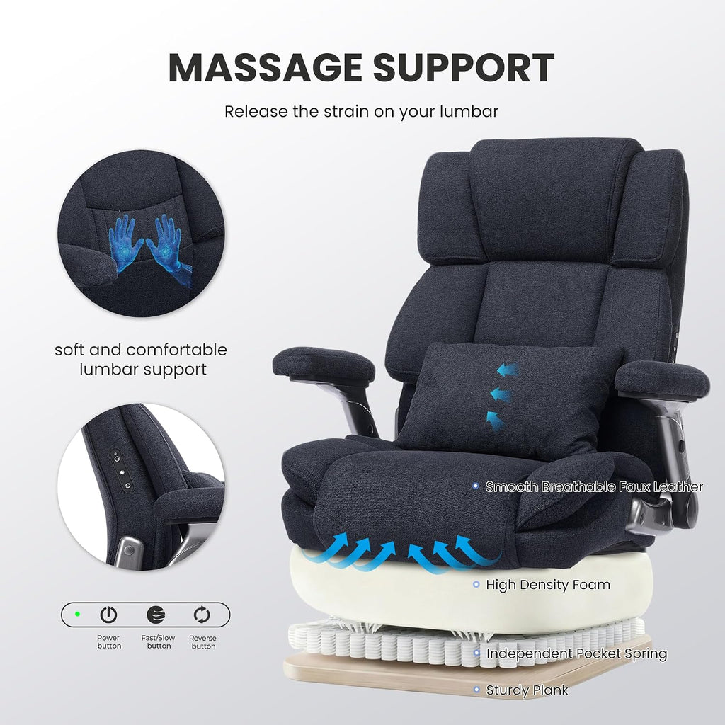 750lbs Heavy Duty Desk Chair with 3D Kneading Massage, Big and Tall Office Chairs with Ergonomic Support, 3D Armrests, 5 Quiet Dual Rubber Wheel, Thick Spring Cushion(Black-Fabric)
