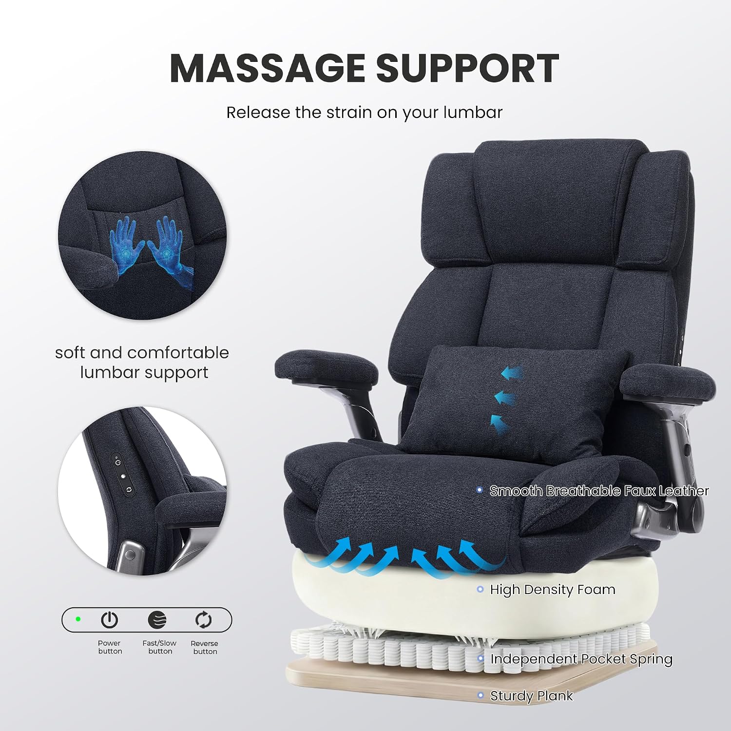750lbs Heavy Duty Desk Chair with 3D Kneading Massage, Big and Tall Office Chairs with Ergonomic Support, 3D Armrests, 5 Quiet Dual Rubber Wheel, Thick Spring Cushion(Black-Fabric)