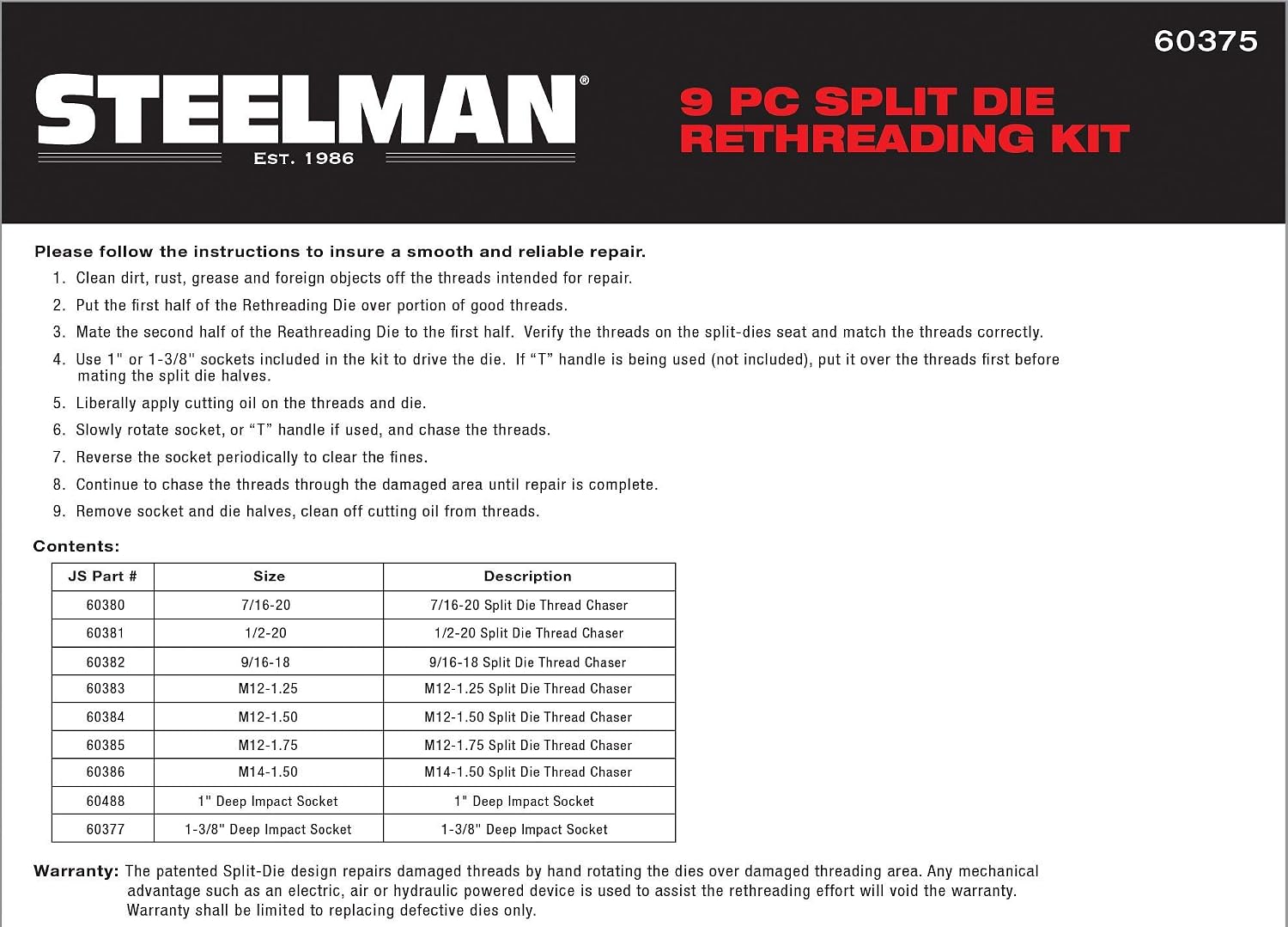 Steelman 9-Piece Split Die Wheel Stud Repair/Rethreading Kit, Indexing Pins, Steel, Repairs Threads on Wheel Studs and Bolts, Two Sockets Included
