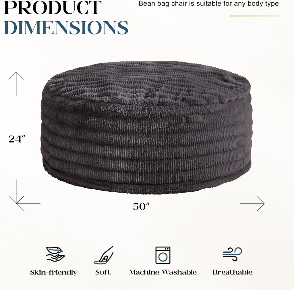 Hobestluk Bean Bag Chairs Beanbag Chair with Filler Adult Bean Bags with Fluffy Ripple Cover, Giant Bean Bag Chairs for Adults (Dark Grey, 5FT - 50' x 50' x 24')