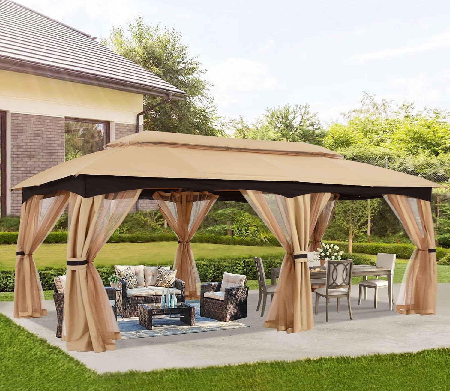 ABCCANOPY Outdoor Patio Gazebo 10x20 - Double Roof Canopy with Mosquito Netting for Backyard, Deck, Garden, Lawn, Beige