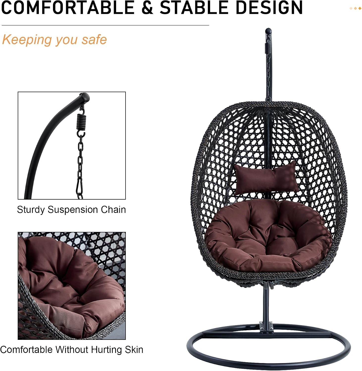 Swining Egg Chair with Stand,Wicker Rattan Hanging Egg Chairs, Patio Swing with UV Resistant Cushion, Outdoor Indoor Hanging with Foldable Basket Metal Stand for Bedroom (Black-S)