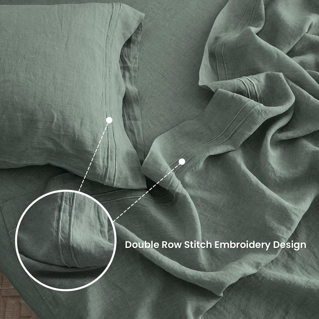 Simple&Opulence 100% Linen Sheet Set 4 Pieces Natural France Flax Bed Sheet (1 Flat Sheet, 1 Fitted Sheet, 2 Pillowcases) Breathable Luxury Hotel Bedding - Embroidery Cushing Green, King Size