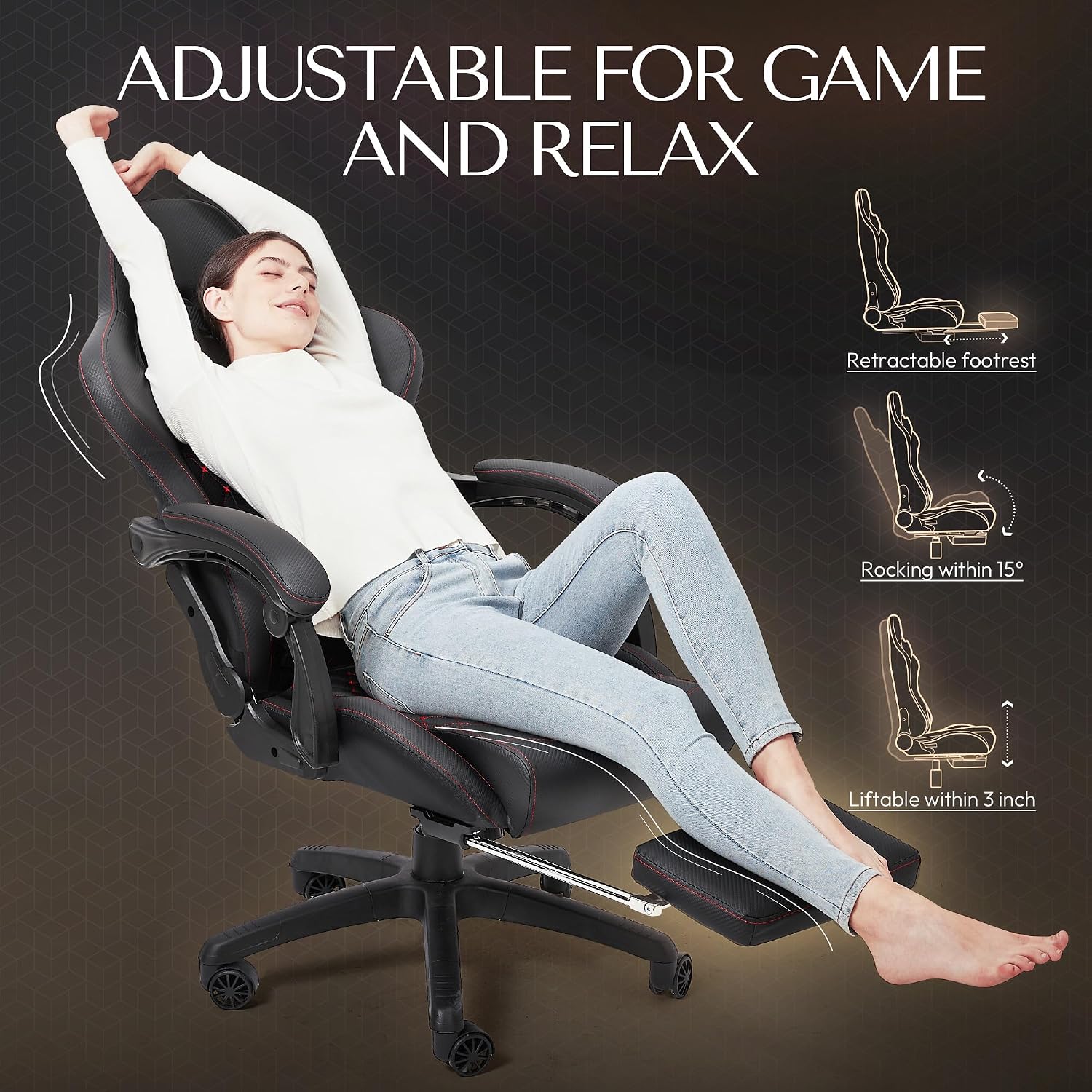 Dowinx Gaming/Office PC Chair with Massage Lumbar Support, Vintage Style PU Leather High Back Adjustable Swivel Task Chair with Footrest (Black and Red)