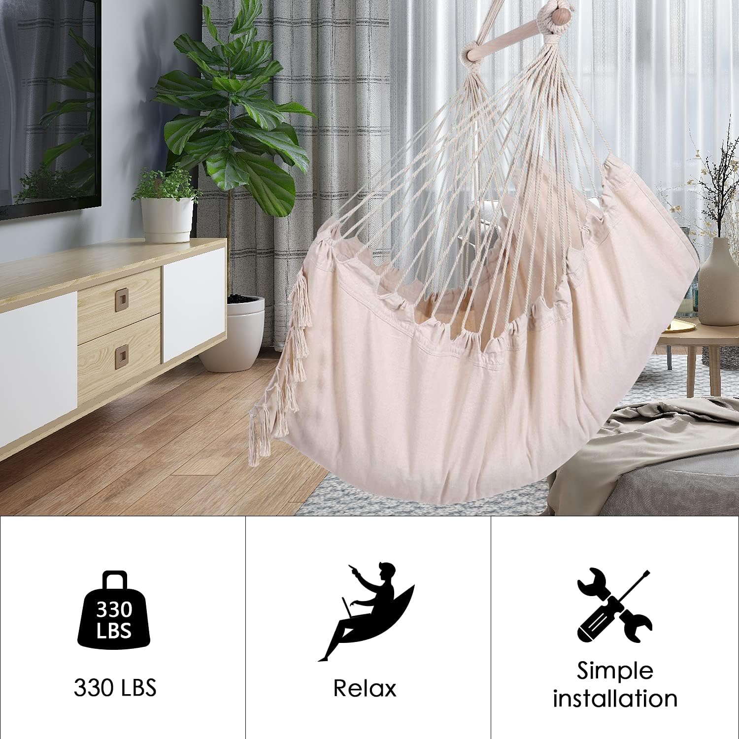 ZLX Hammock Chair Hanging Rope Swing with Hardware Kit and 2 Cushions, Handmade Macrame Hanging Chair for Bedroom Patio Yard Garden, Max 330 Lbs, Beige