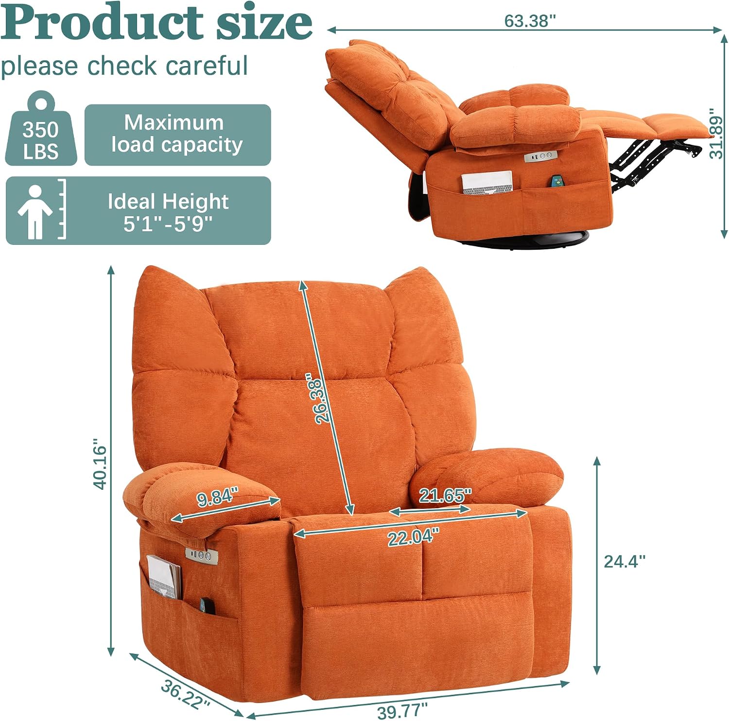 Power Swivel Rocker Recliner Chair Oversized for Adults, Electric Heated & Massage Chair Recliner with USB/Type-C, Fabric Nursery Recliner for Living Room,Bedroom, Orange