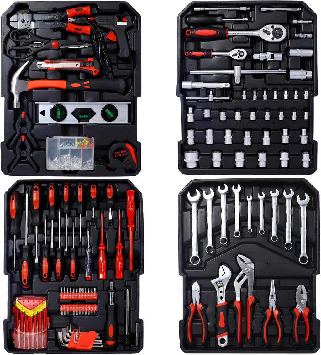 969pcs Home Repair Tool Set Kit for Men, Toolbox Storage Case with 4 Drawers, General Household Tool Kit with Rolling Tool Box, Tool Set Kit for Maintenance, Garden, Homeowner, Handyman -Black