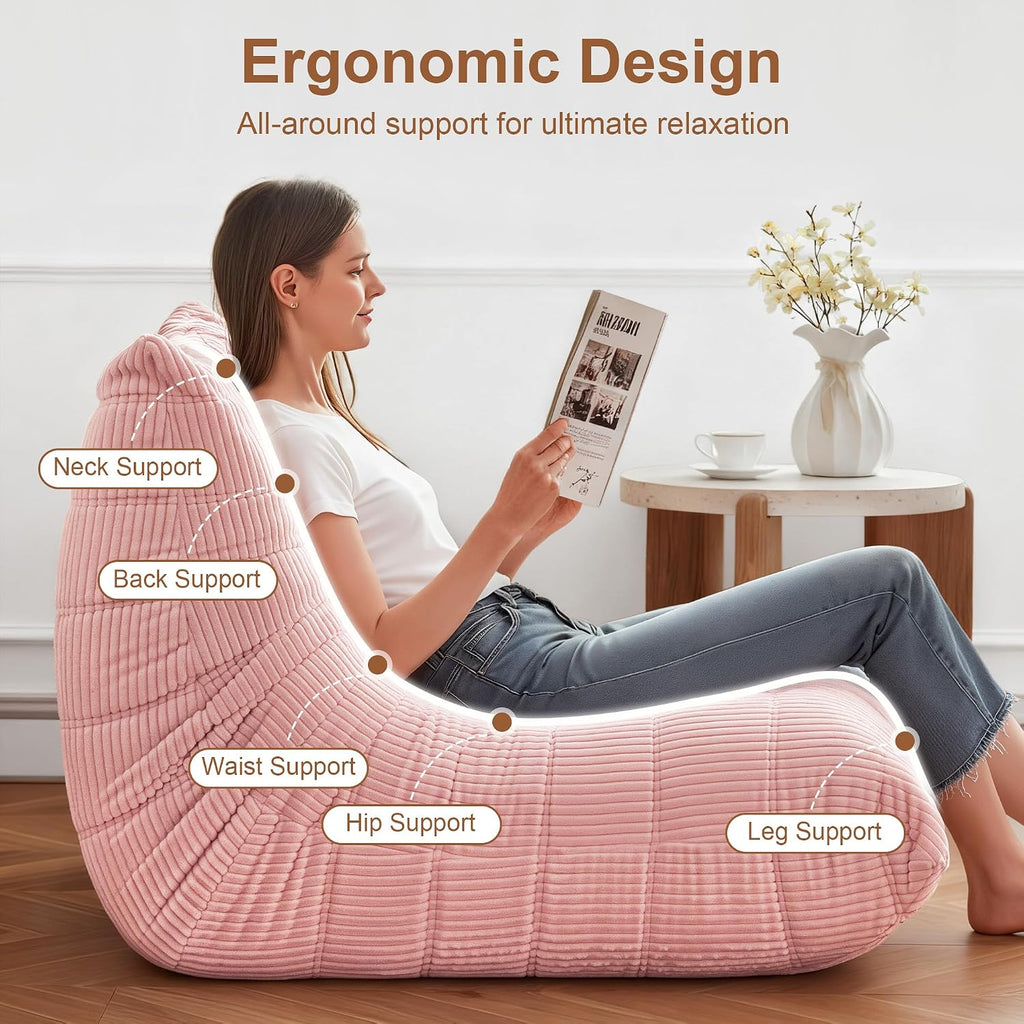 Bean Bag Chair for Adults, Giant Bean Bag Chairs with Lumbar Pillow, Oversized Corduroy Memory Foam Boneless Chair with High-Rebound, Lazy Floor Sofa for Reading Gaming Living Room Bedroom, Pink