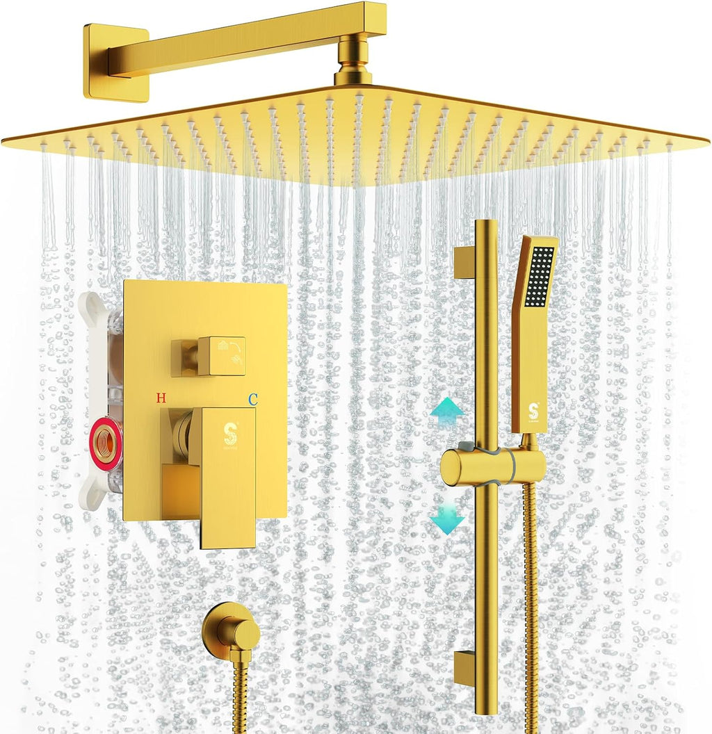 SR SUN RISE 12 Inch Brushed Gold Shower Faucet Set, Wall-Mount Adjustable 16-Inch Slide Bar with Square Hand Shower System Included Valve and Trim Kit