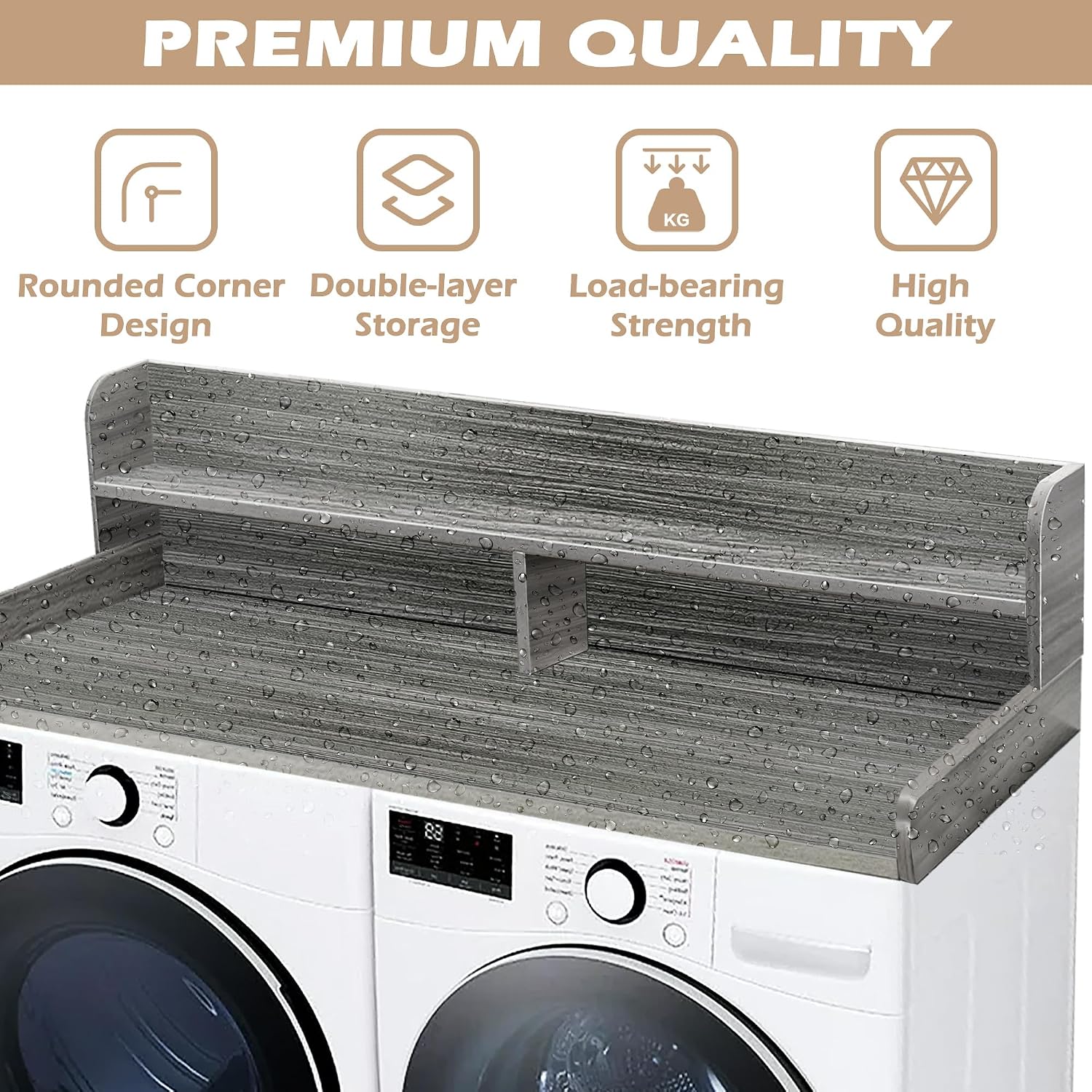 Royxen Laundry Countertop with 2-Tier Shelf Universal Fit, Washer and Dryer Countertop with Storage Space, Shelf Height 11.5 Inches, Solid Wood Core, Eucalyptus