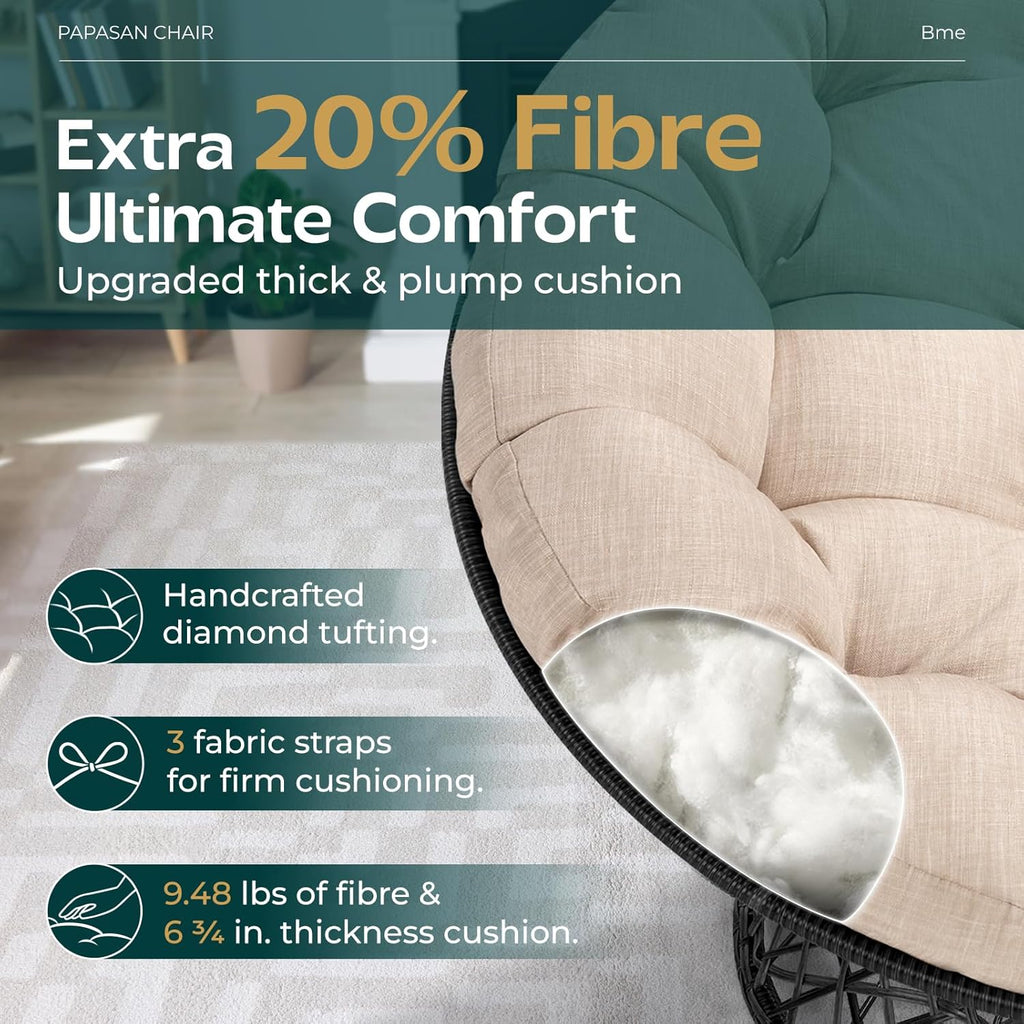 Bme 40' Ergonomic Wicker Papasan Chair with Soft Thick Density Fabric Cushion, High Capacity Steel Frame, 360 Degree Swivel for Living, Bedroom, Reading Room, Lounge, Sepia Sand - Black Base