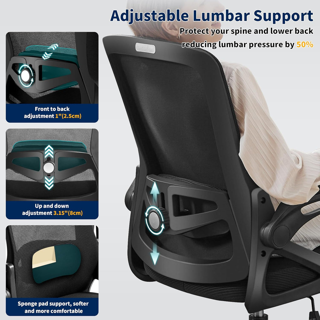 Ergonomic Office Chair, Desk Chair with Adjustable Lumbar Support, Breathable Mesh Comfy Computer Chairs with Flip-up Armrests Executive Task Chair for Adults Home Office (2Pcs)