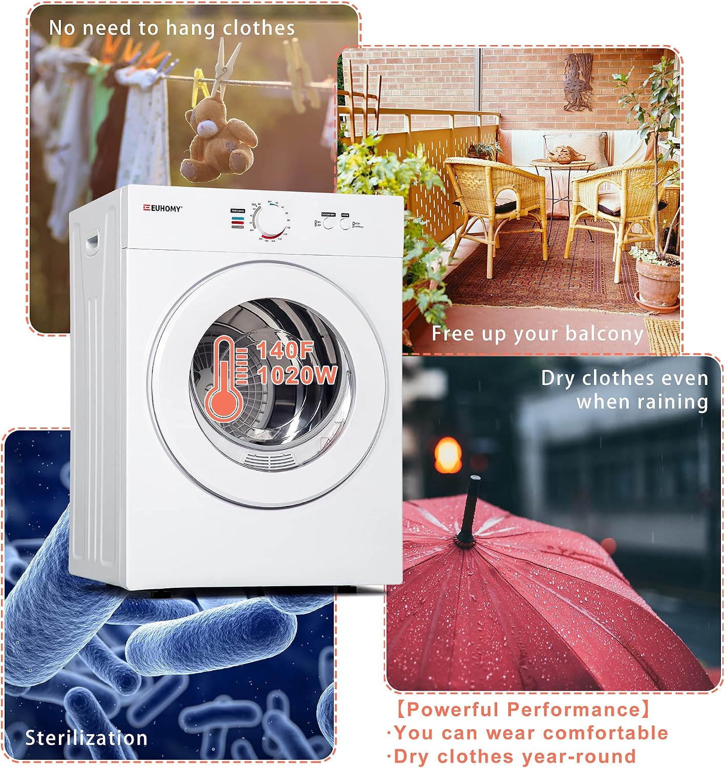 Euhomy CD-7 Cubic Feet, 1.7 Cu.Ft, Compact Laundry Dryer, White