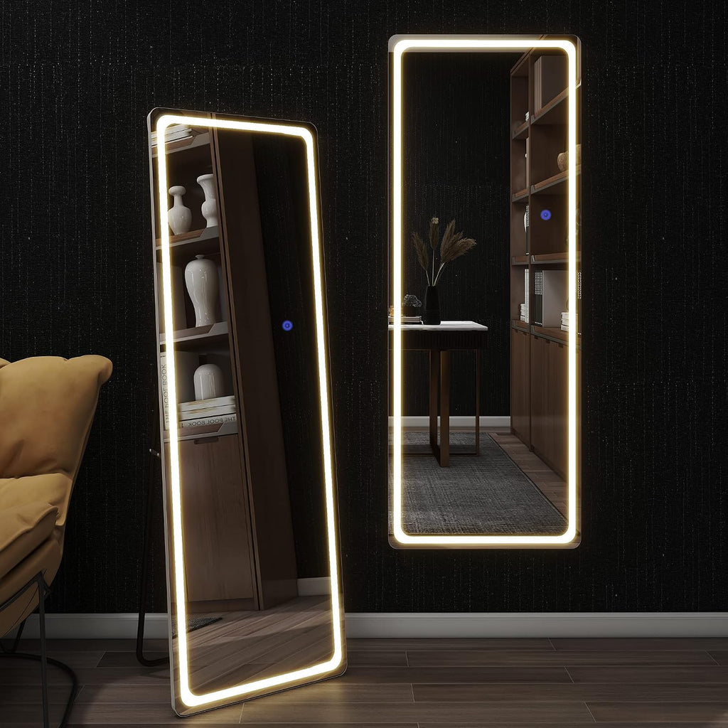 NeuType Full Length Mirror with Lights, 63'x16' Lighted Floor Mirror with Stand Full Body Mirror with Touch Button and Plug, Dimmable 3 Lighting for Bedroom Living Room, Round Corner, White