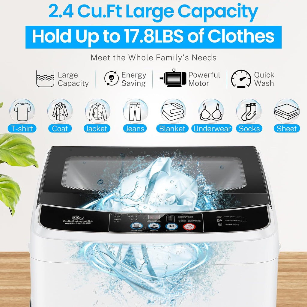 Nictemaw Portable Washing Machine, 2.4 Cu.ft Portable Washer 17.8Lbs Capacity Full Automatic Washing Machine with 10 Programs 8 Water Levels, Drain Pump, Glass Top Lid, for Apartment, Dorm, Home, RVs