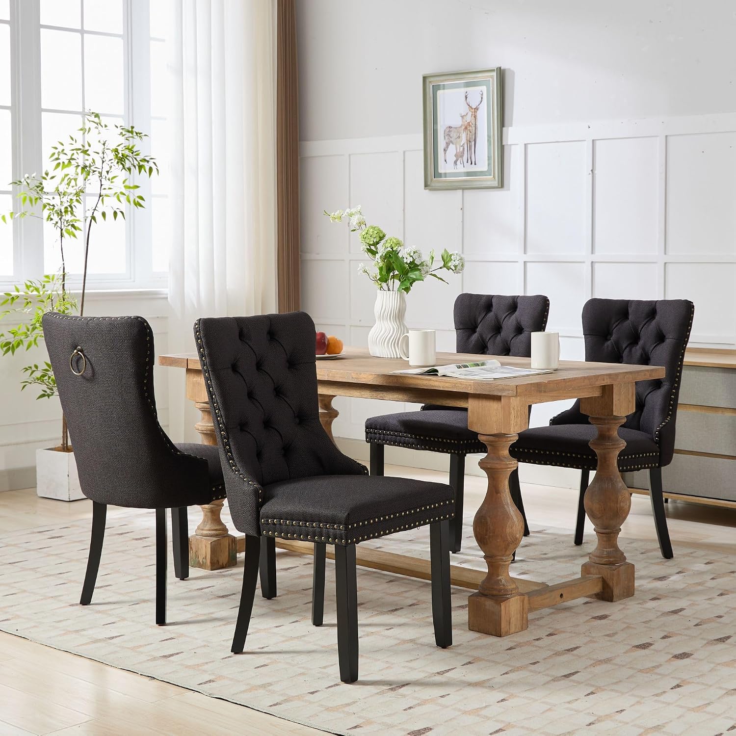 Ball & Cast Contemporary Upholstered Dining Chairs Set of 2, Flax Button Tufted Kitchen Side-Chairs with Hang Ring & Nailhead Trims & Wood Legs, 2-Piece Backrest Traditional Chair, Black+Black