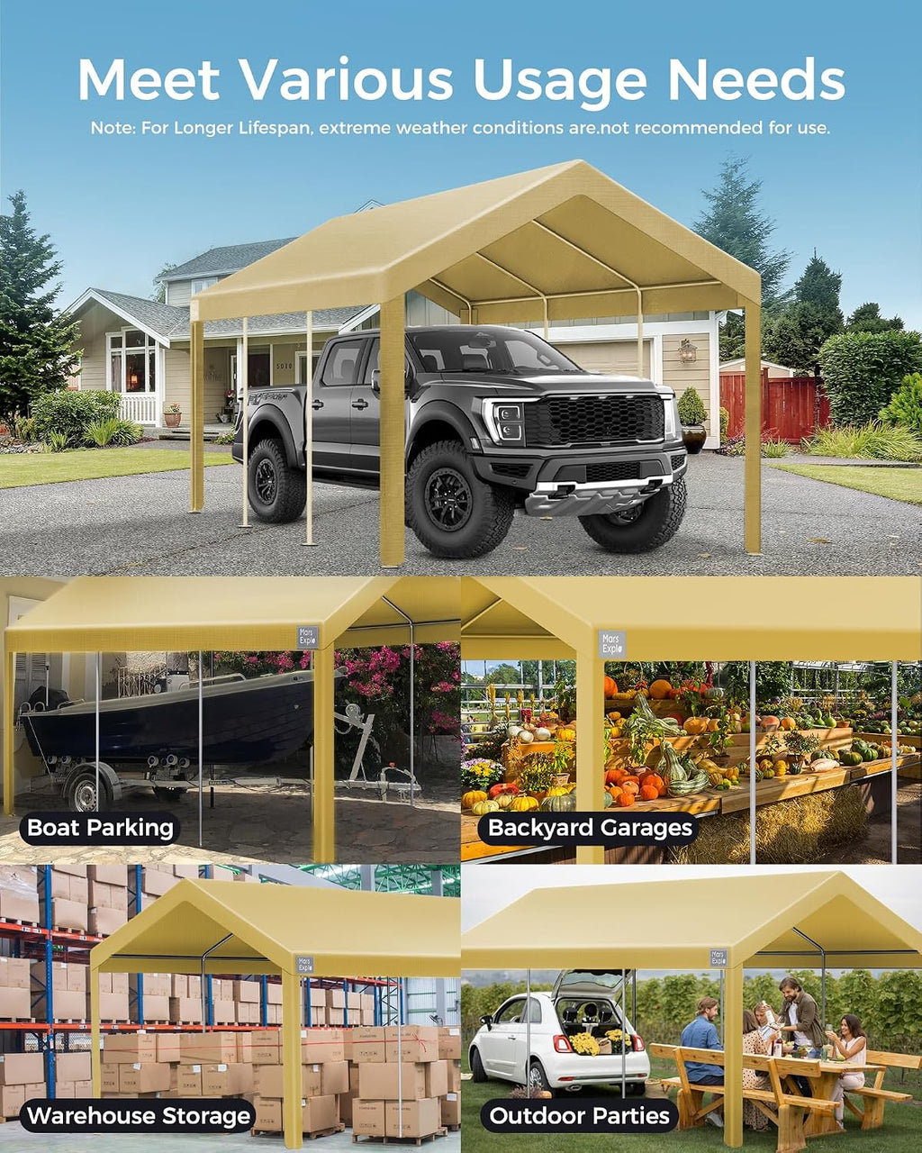 Heavy Duty 12x20FT Carport Replacement Canopy Cover, Waterproof UV Protected Tarp Replacement Top for Carport Frame with Ball Bungees, Car Garage Shelter (Khaki, Top Cover Only)