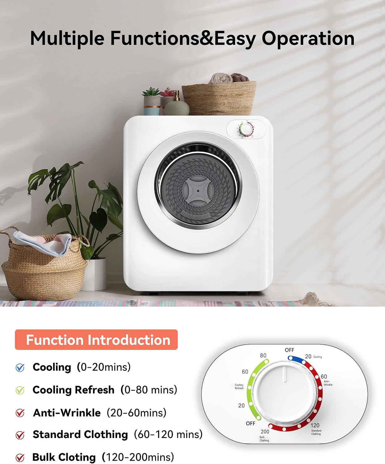 Euhomy Portable Clothes Dryer, 1.5 Cu.Ft. Portable Dryer, 850W Drying Machine with Front-Loading Stainless Steel Drum, 5 Functions, Suitable for Apartments, Dorms, RVs, Small Spaces