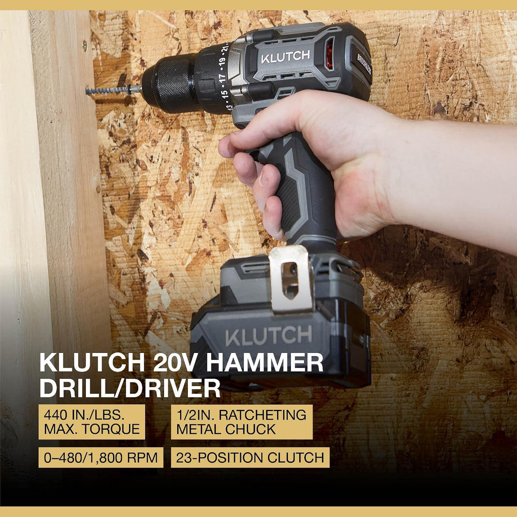 Klutch Drill/Driver and Impact Driver Kit, KLiQ 20 Volt Brushless, 1/2in. and 1/4in.