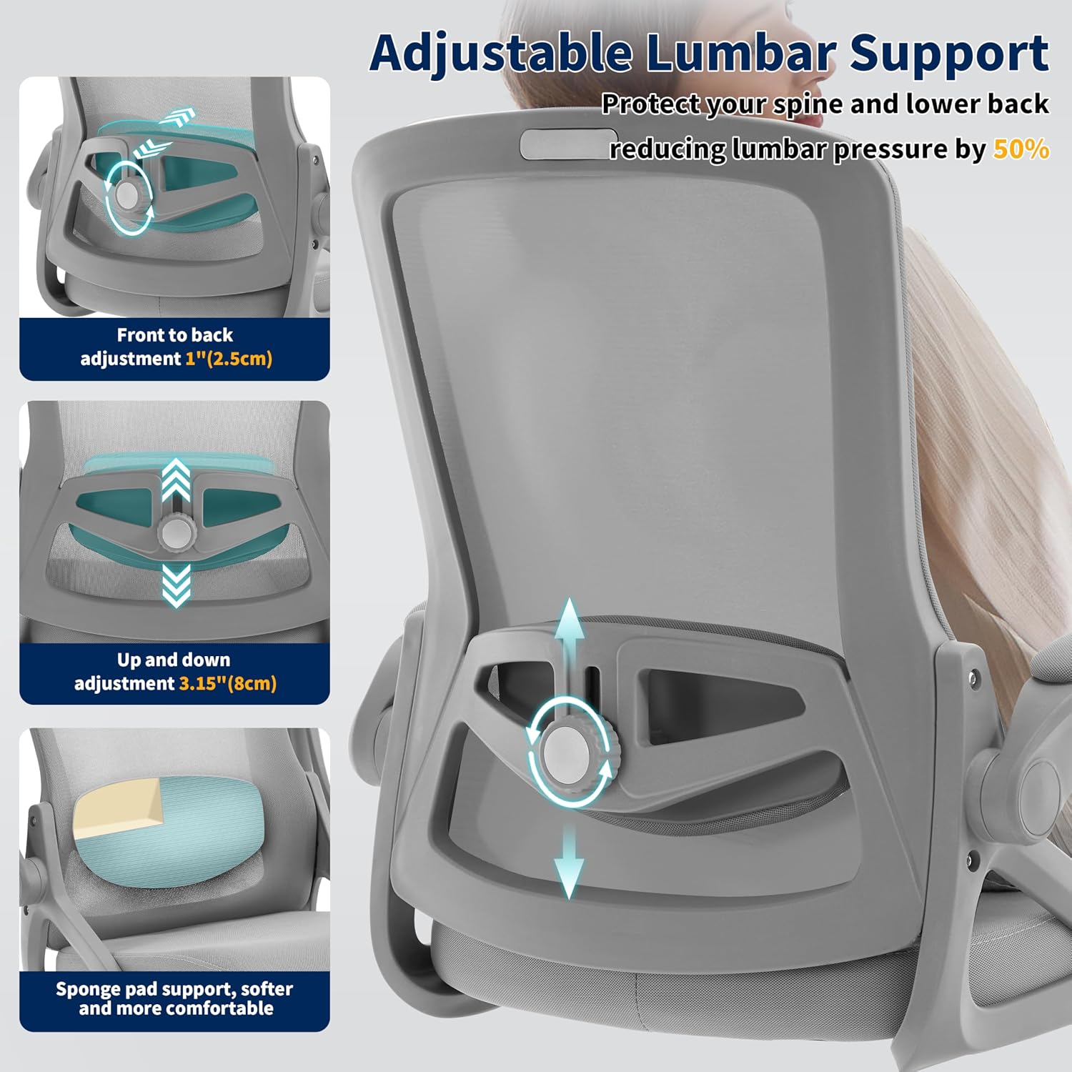 Ergonomic Office Chair, Desk Chair with Adjustable Lumbar Support, Breathable Mesh Comfy Computer Chairs with Flip-up Armrests Executive Task Chair for Adults Home Office (Gray)