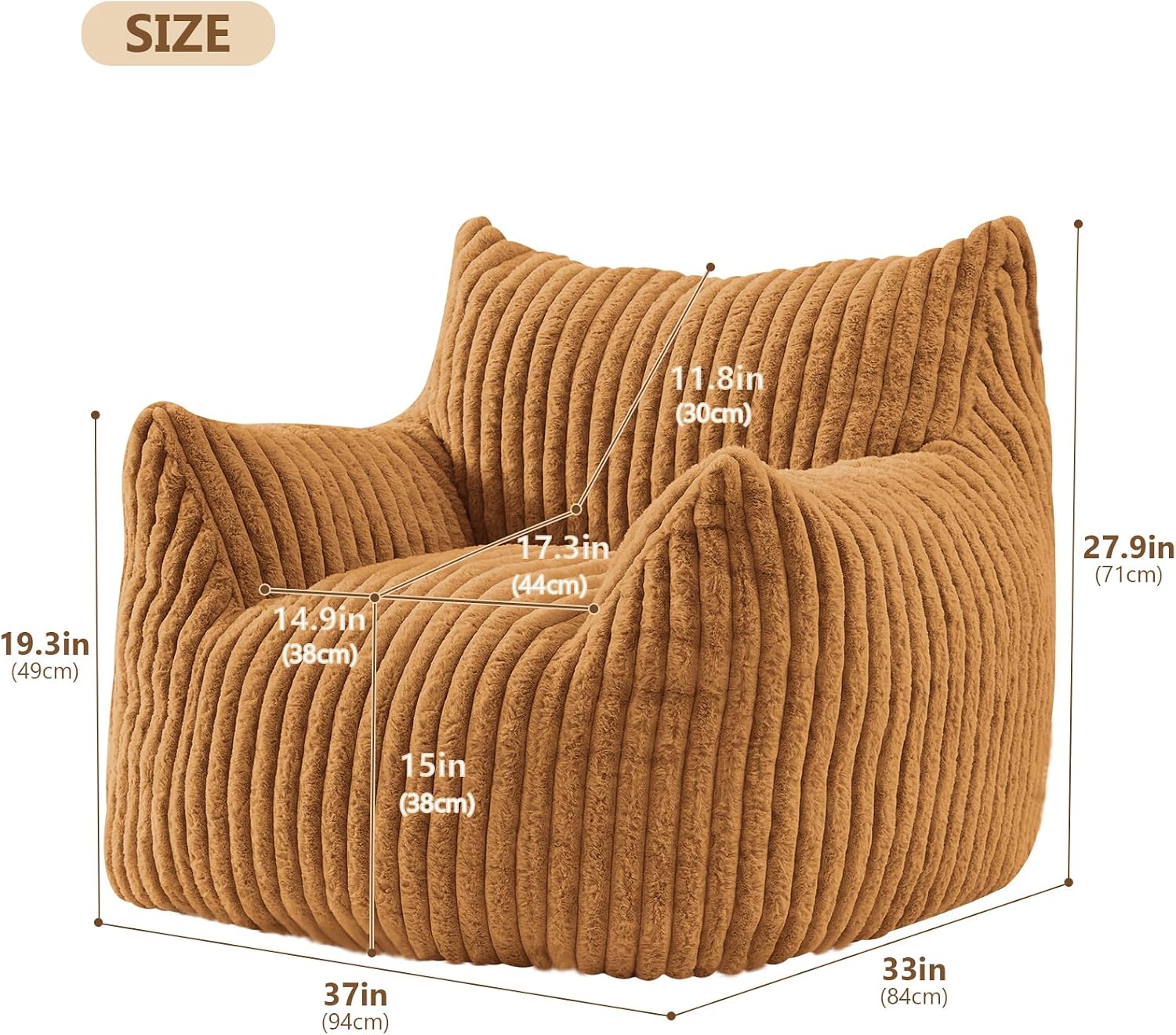 Achicsofar Giant Bean Bag Chairs for Adults Teens, Large Bean Bag Sofa Chairs with Filling Comfy Fuzzy BeanBag Chair with Armrests for Bedroom Living Room Reading (Brown, Medium)