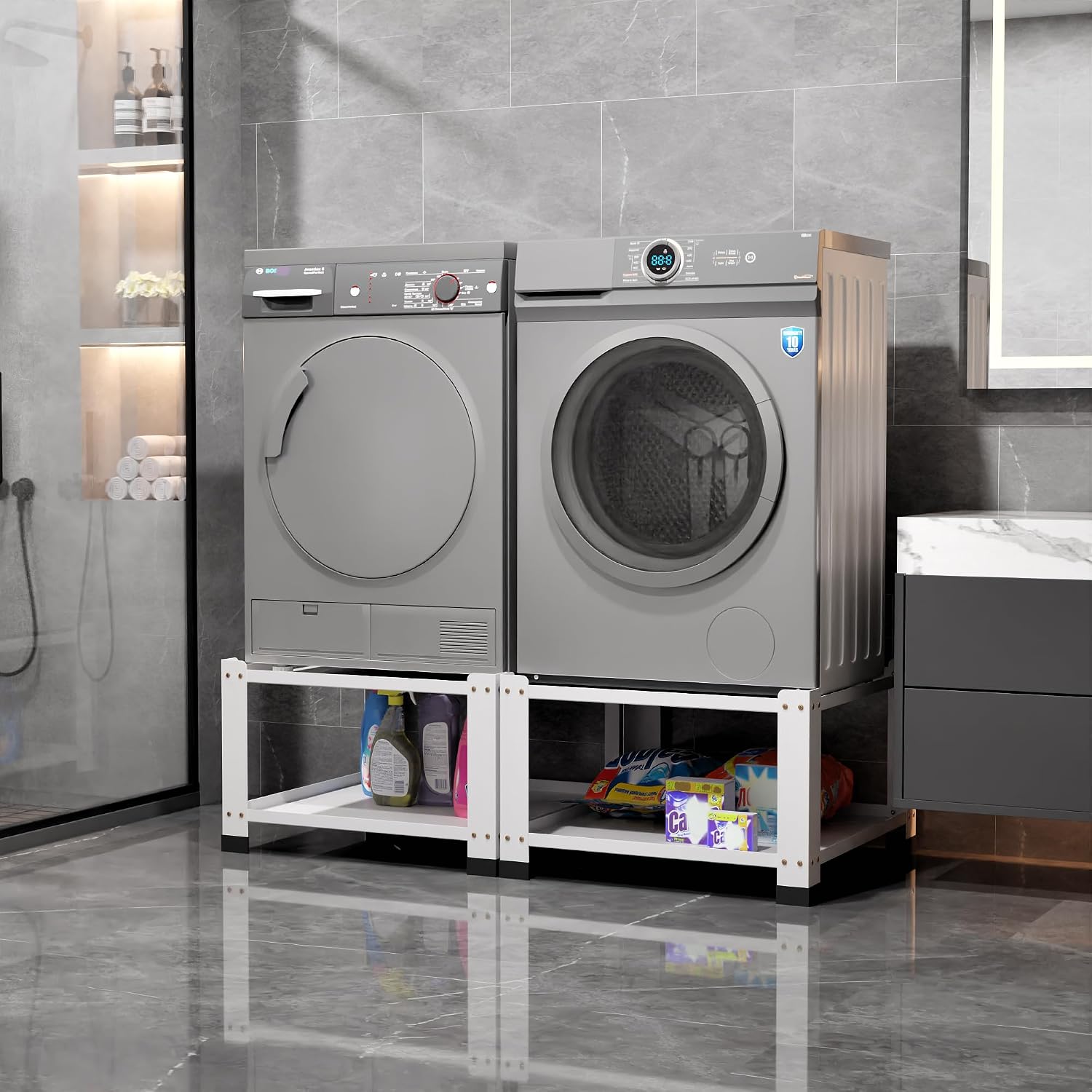 2 Pack Washer and Dryer Pedestals Heavy Duty Laundry Pedestal, 28' Universal Fit Anti-Vibration Metal Washing Machine Stand Base, 700lbs Capacity, 14' H, White, Assembly Required