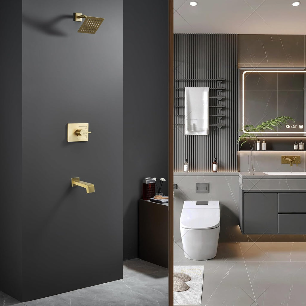 SOOOHOT Brushed Gold Shower Fixtues, Tub and Shower Faucet Set Combo with 6 Inch Gold Shower Head and Tub Spout, Gold Shower Head and Handle Set (Valve Included)