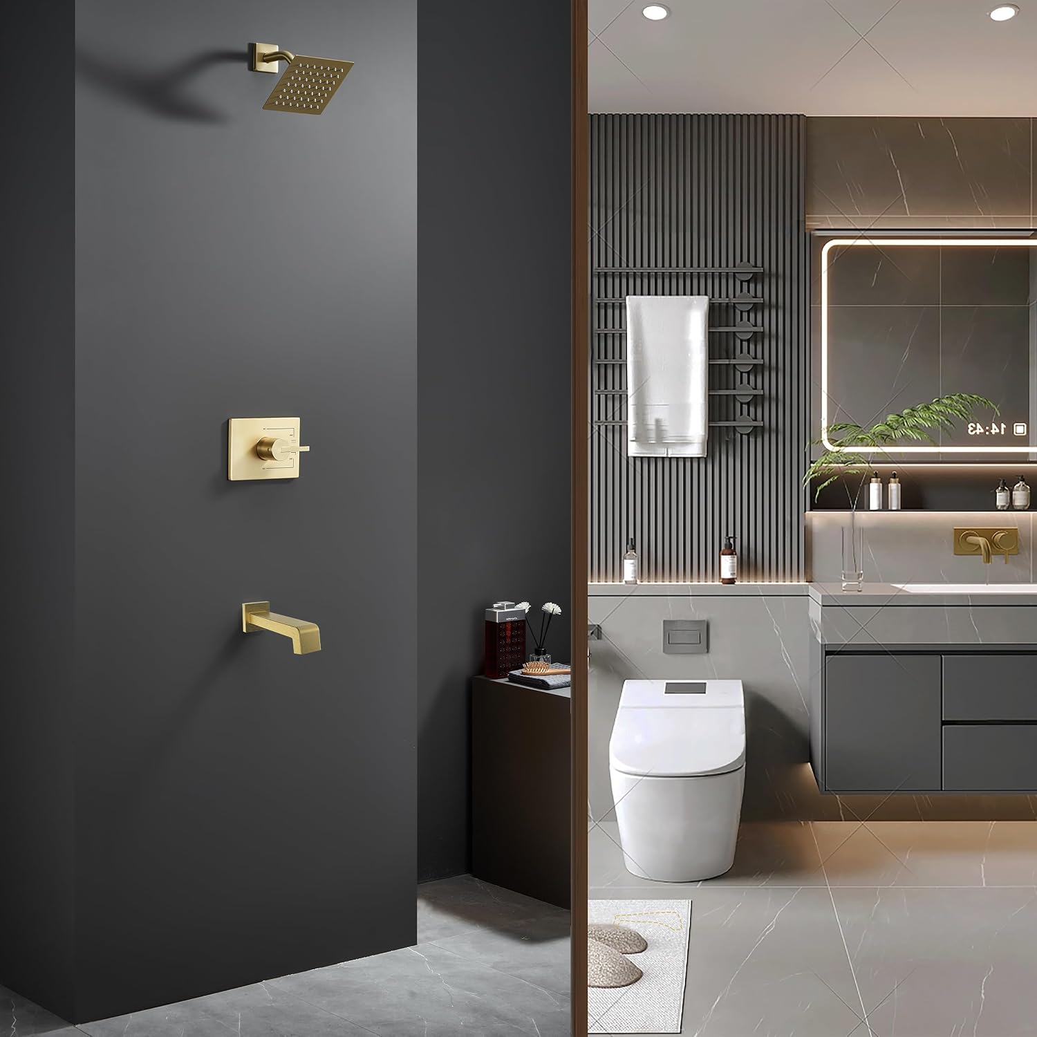 SOOOHOT Brushed Gold Shower Fixtues, Tub and Shower Faucet Set Combo with 6 Inch Gold Shower Head and Tub Spout, Gold Shower Head and Handle Set (Valve Included)