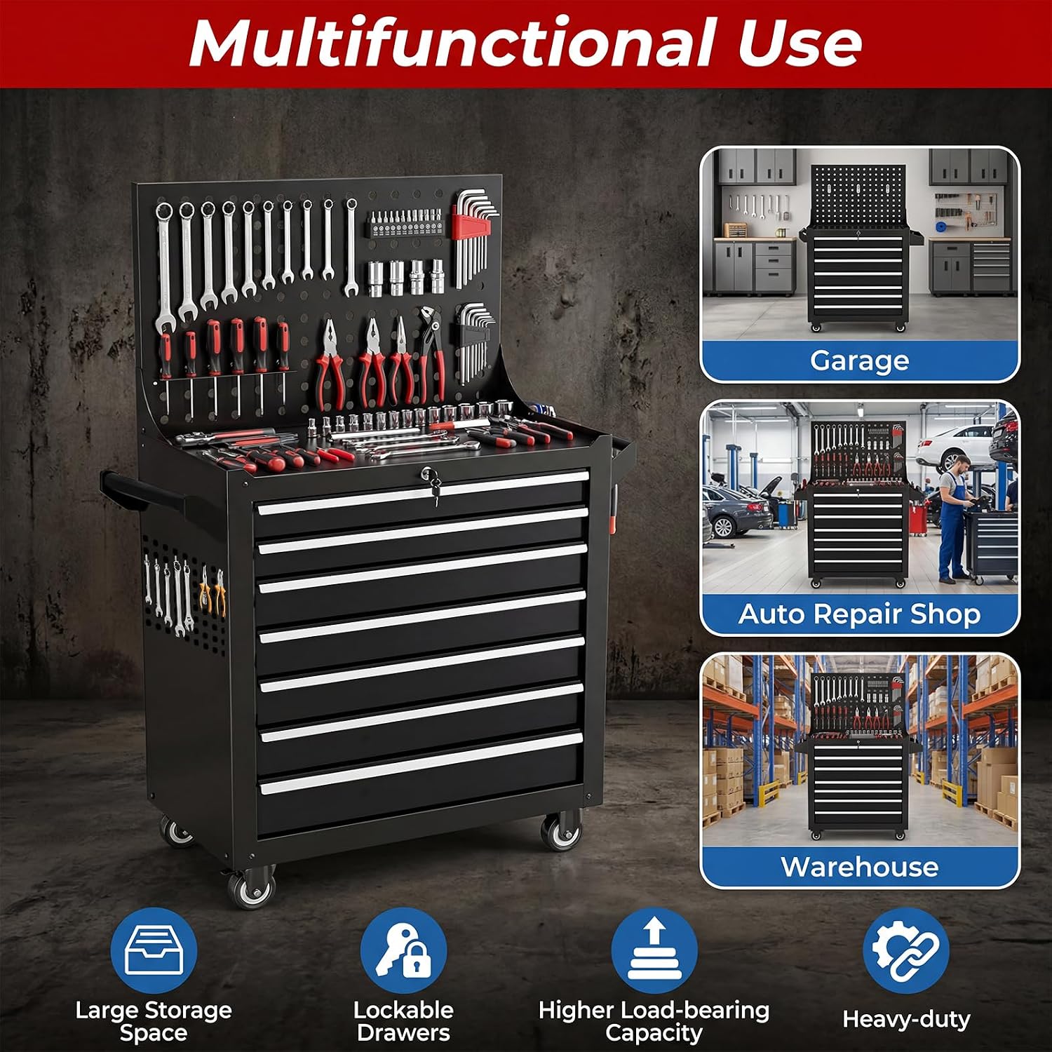 Rolling Tool Chest with Wheels, 7 Drawers Tool Storage Cabinet, Portable Metal Tool Box Organizer with Lock, Tool Cart on Wheels Toolbox Workbench for Garage, Workshop, Warehouse(Required Assembly)