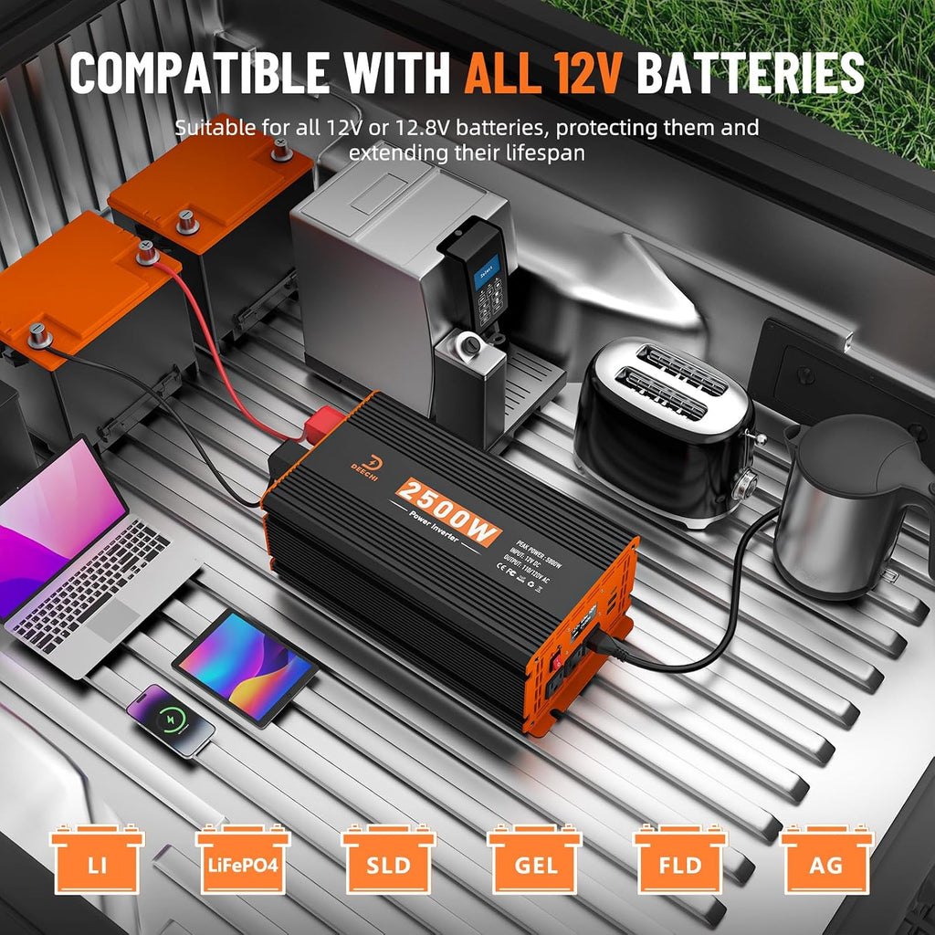 2500W Power Inverter 12V DC to 110V/120V AC Converter for RV/Truck/Boat/Camping/Off-Grid Solar Car Power Inverter Peak Power 5000W with 3 AC Outlets,USB & Type-C Port, Remote Controller & LCD Screen